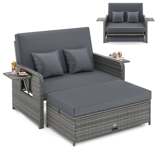 PE Wicker Outdoor Daybed with Loveseat and Ottoman for Poolside-Grey