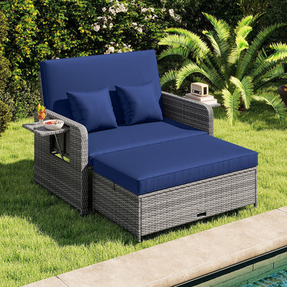 PE Wicker Outdoor Daybed with Loveseat and Ottoman for Poolside-Navy