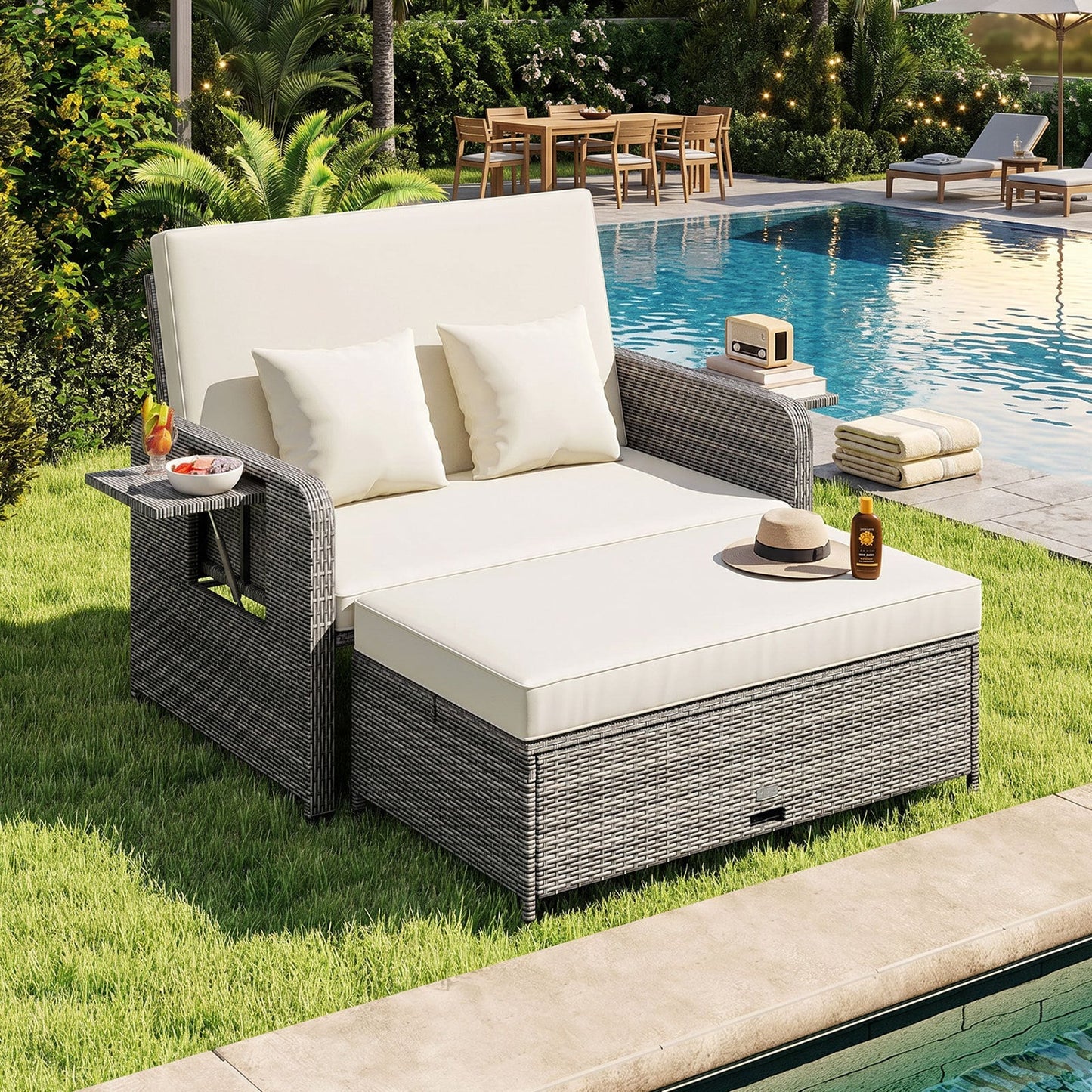 PE Wicker Outdoor Daybed with Loveseat and Ottoman for Poolside-White
