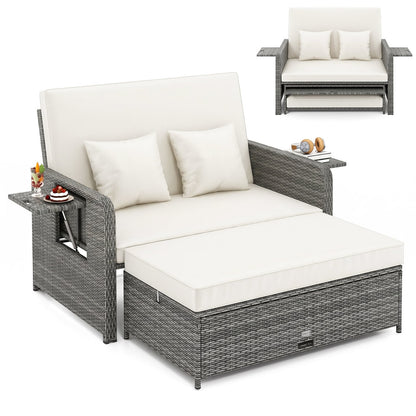 PE Wicker Outdoor Daybed with Loveseat and Ottoman for Poolside-White