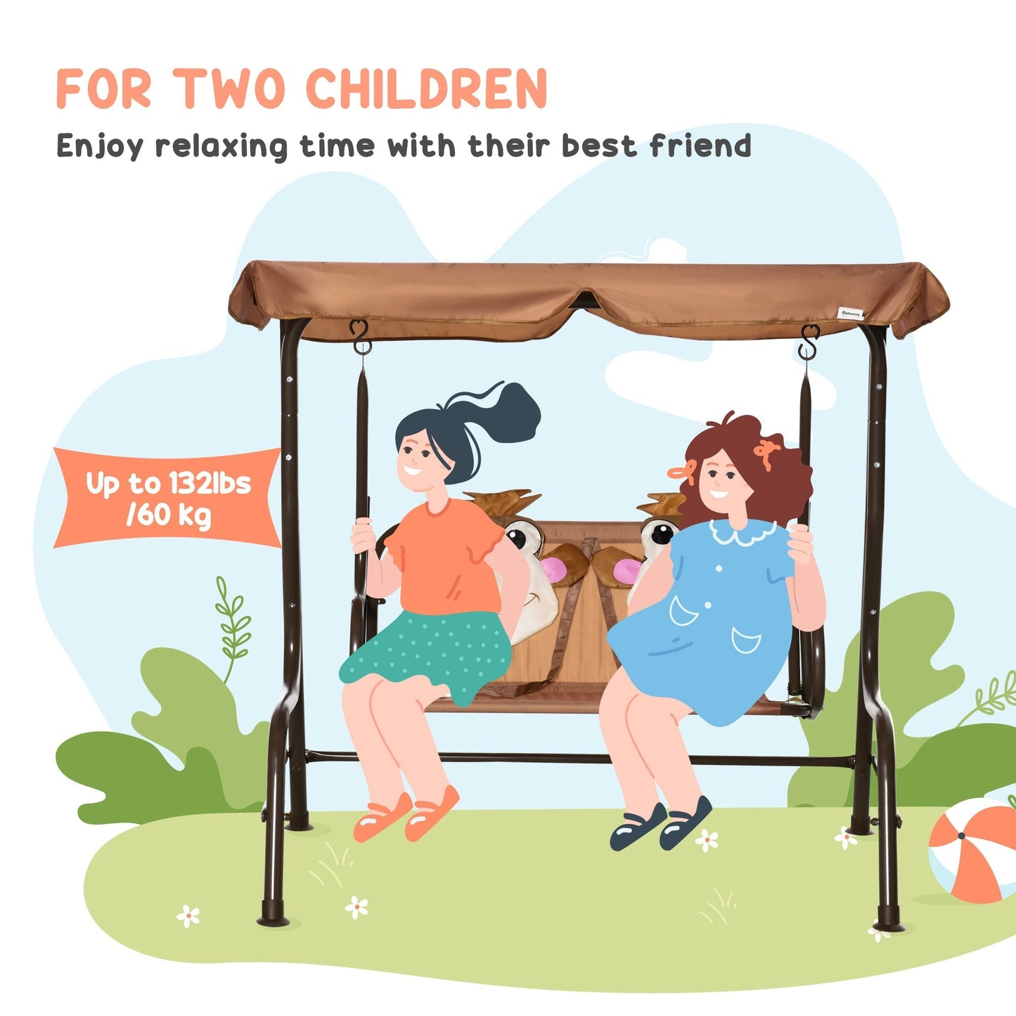 Outsunny 2 Seater Kids Garden Swing Seat, Children Outdoor Patio Lounge Chair for Gardens w/ Adjustable Awning, Seatbelt, Monkey Pattern - Brown