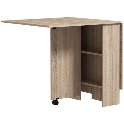 HOMCOM Folding Dining Table, Drop Leaf Table for Small Spaces with 2-tier Shelves, Small Kitchen Table with Rolling Casters, Natural