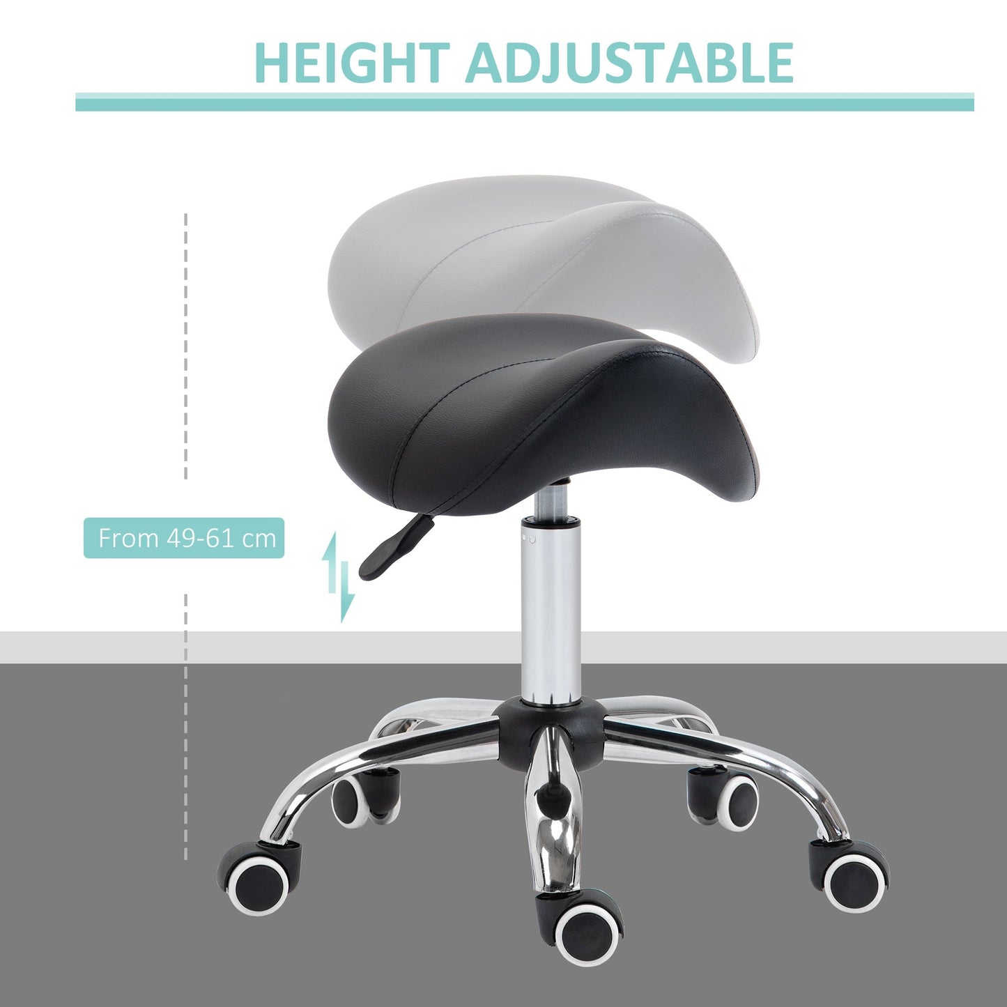 HOMCOM Cosmetic Stool 360 Rotate Height Adjustable Salon Massage Spa Chair Hydraulic Rolling Faux Leather Saddle Stool Mobility, Black