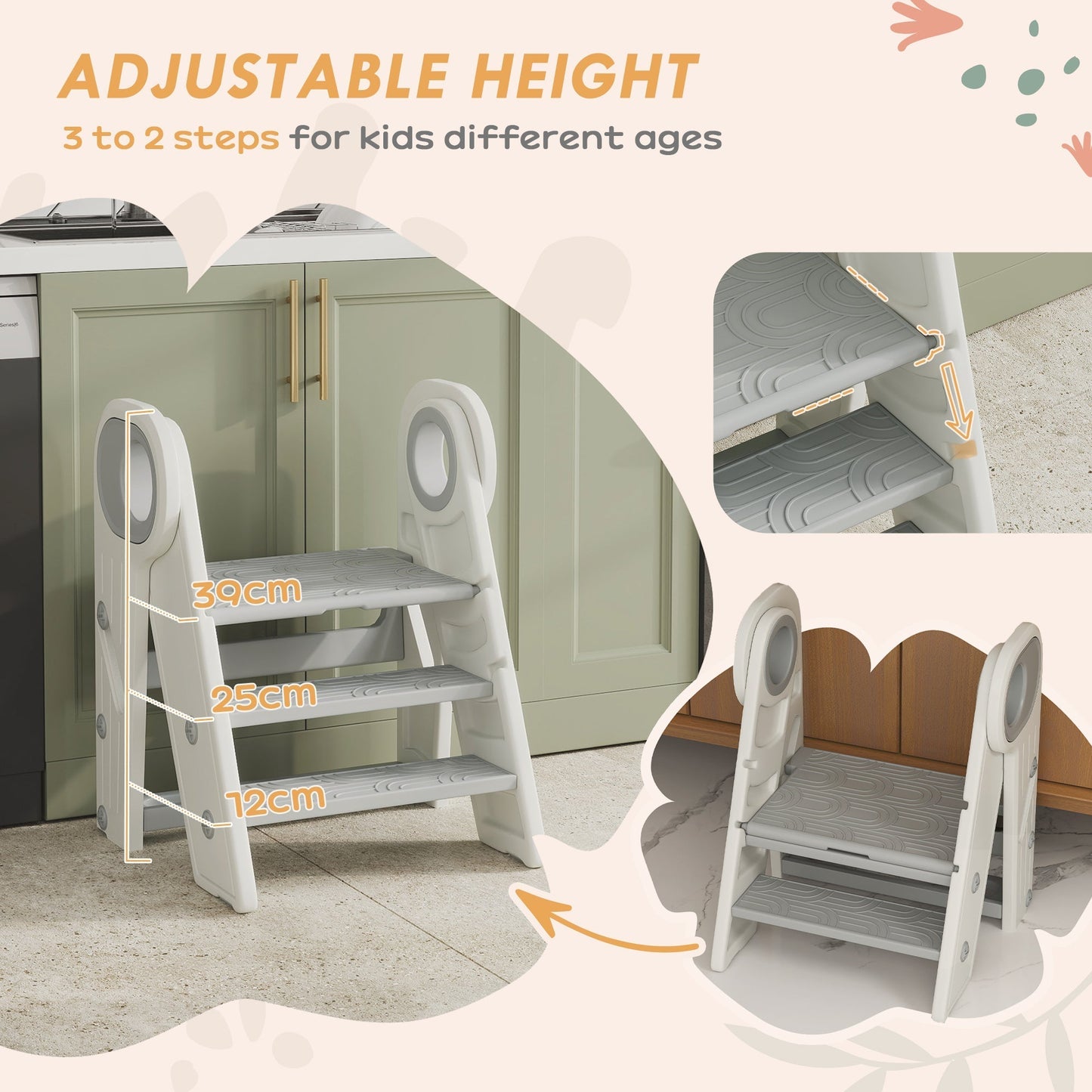 AIYAPLAY Foldable and Adjustable Kids Step Stool with Handle, Non-Slip, Grey