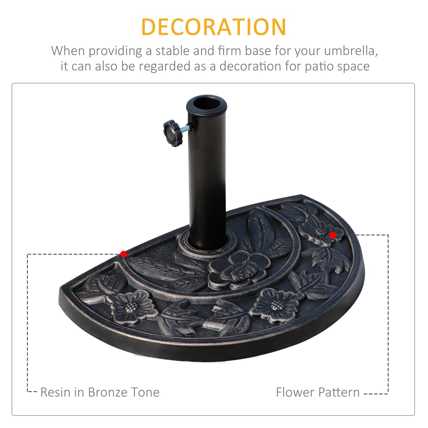 Outsunny 9kg Resin Parasol Base, Half Round Umbrella Stand with Floral Design for Garden, Outdoor, Suitable Umbrella Rod: â3.8cm, â4.8cm, Bronze Tone