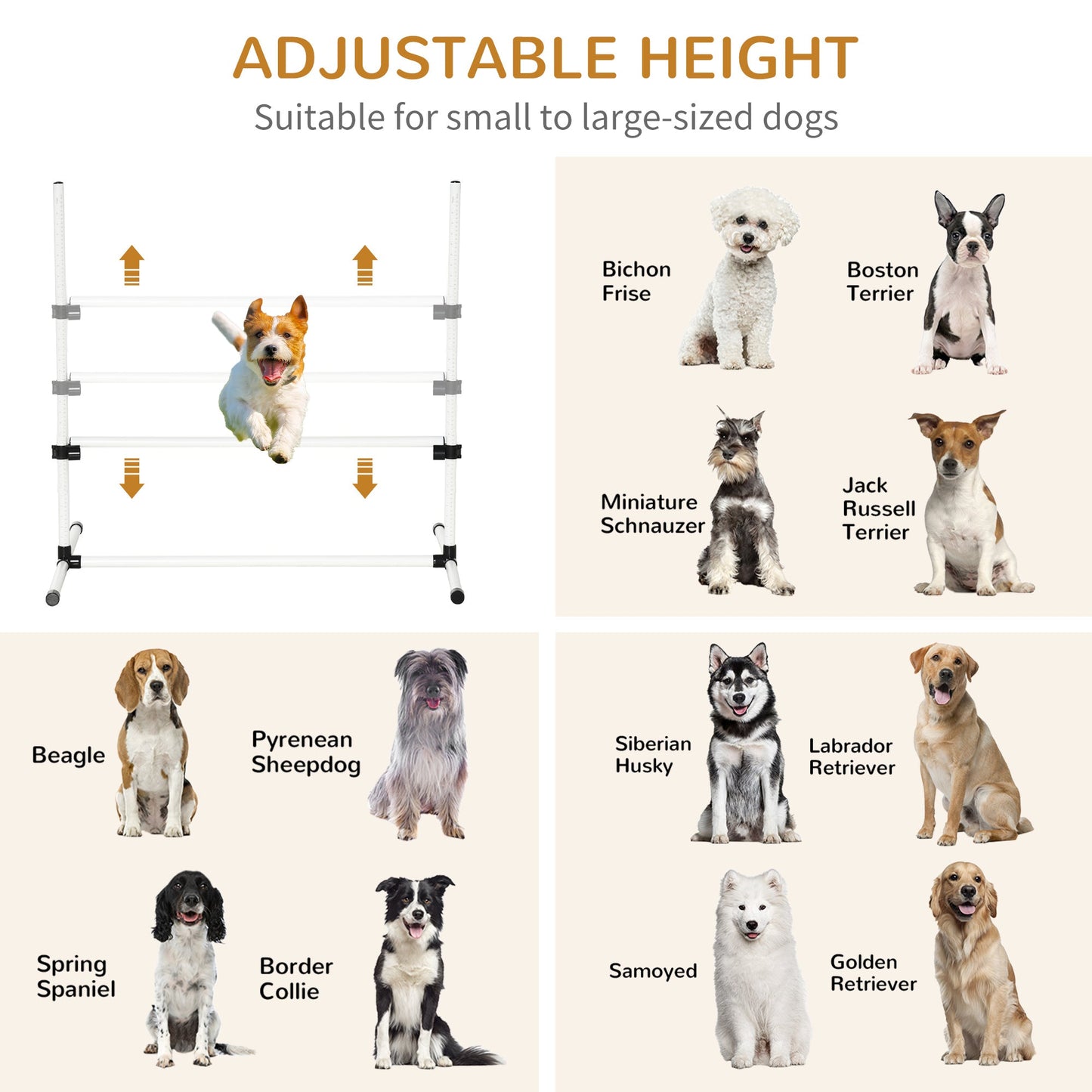 PawHut 4 Pieces Dog Agility Training Equipment, Adjustable Height Jumps Hurdle with Carrying Bag for Outdoor, White