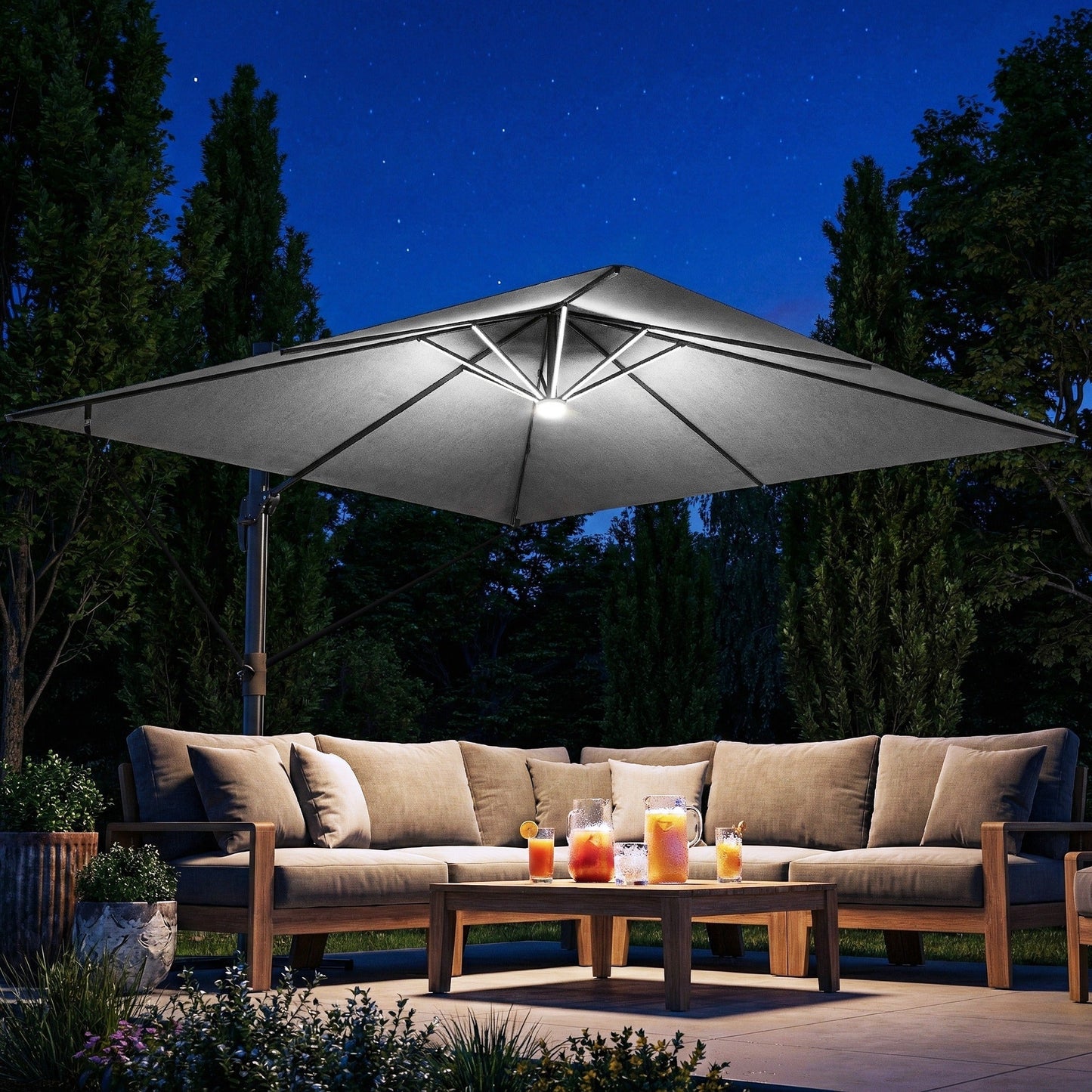 Outsunny 3 x 3 m Garden Cantilever Parasol with Light, Cover, Overhanging Umbrella w/ Wind Protection, 360 degrees Rotation, Light Grey