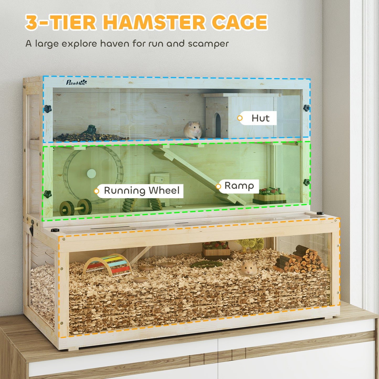 PawHut Wooden Hamster Cage with Hut, Wheel, Ramps, Removable Viewing Panels, 100 x 50 x 84 cm, Natural Wood