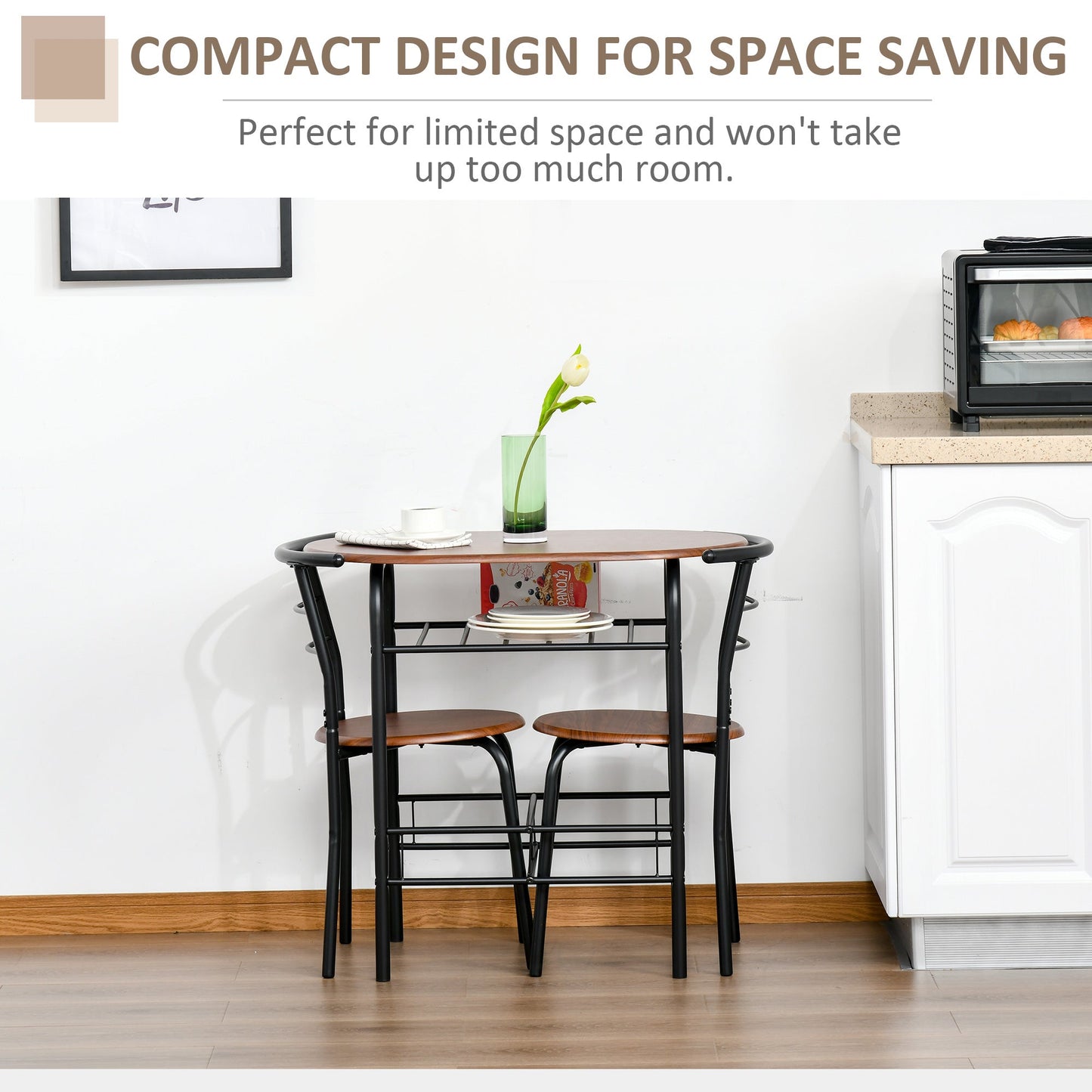 HOMCOM 3-Piece Dining Table Set , Metal Frame Wood Top Breakfast Bar Table Set for 2, Dining Table w/Storage Shelf & 2 chairs
