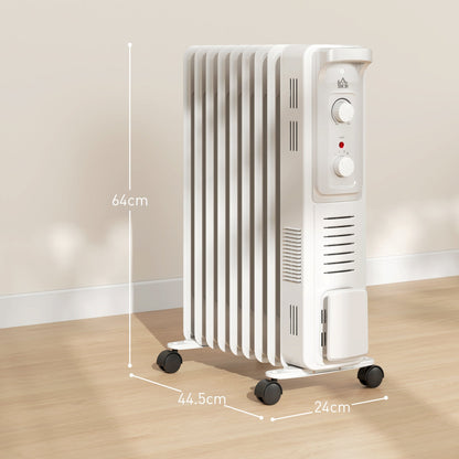 HOMCOM 2000W Quiet Oil Filled Radiator, 9 Fin Energy Efficient Portable Electric Heater with 3 Heat Settings, Adjustable Thermostat, Safety Tip Over, Overheat Protection, for Home, White