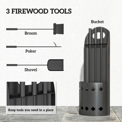 Outsunny 4 Pieces Fireplace Companion Set, Metal Fireplace Accessories Fireside Companion Set with Broom, Shovel, Poker, Bucket, Black
