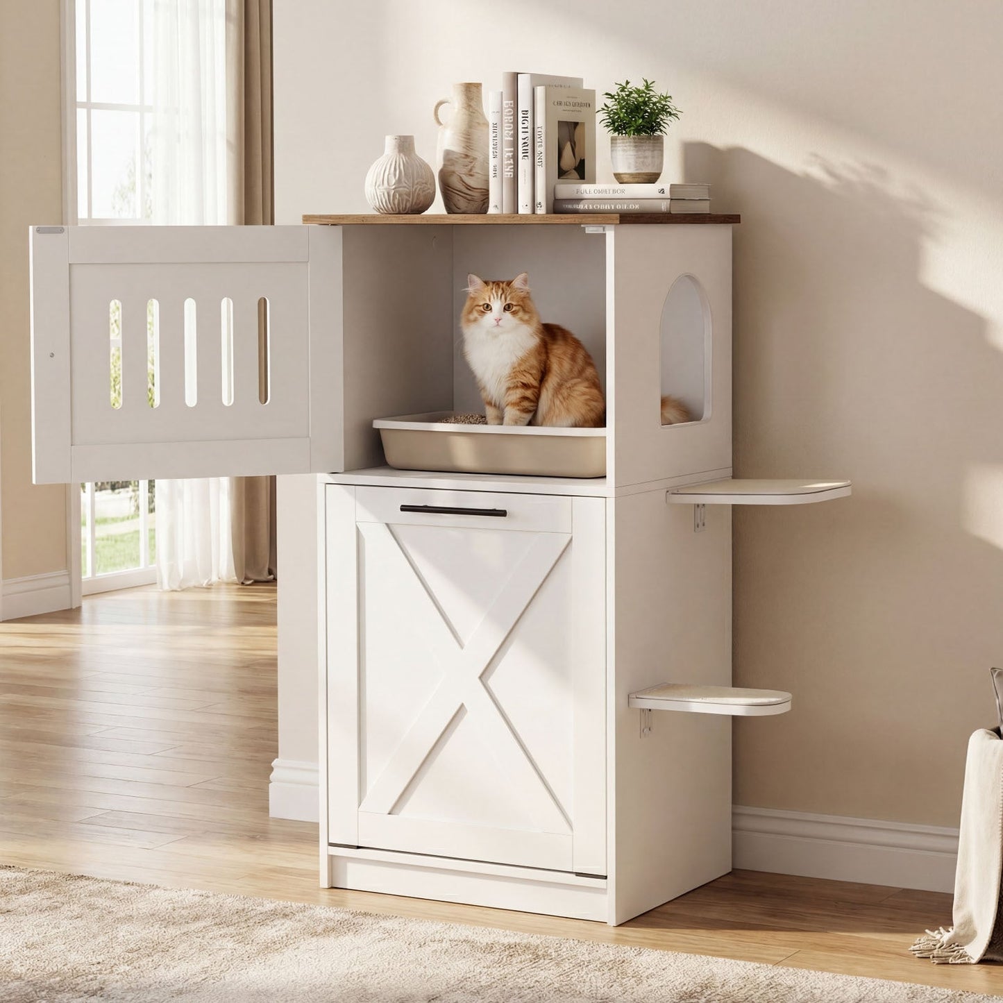 115 cm Modern Hidden Cat House Cabinet with 2 Scratching Pads and Flip-Down Storage Cabinet-White