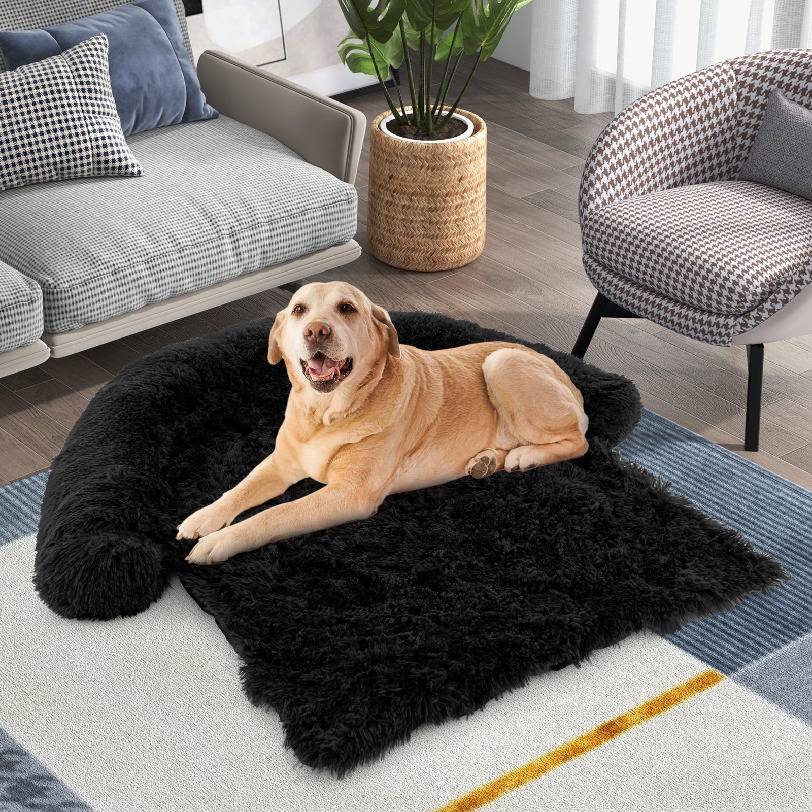 Fluffy Dog Mat Couch Cover Protector with Detachable Washable Cover and Anti-slip Bottom-Black-L