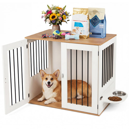 80 cm Indoor Wooden Dog Kennel with Double Lock Doors and 360° Rotating Feeder-White