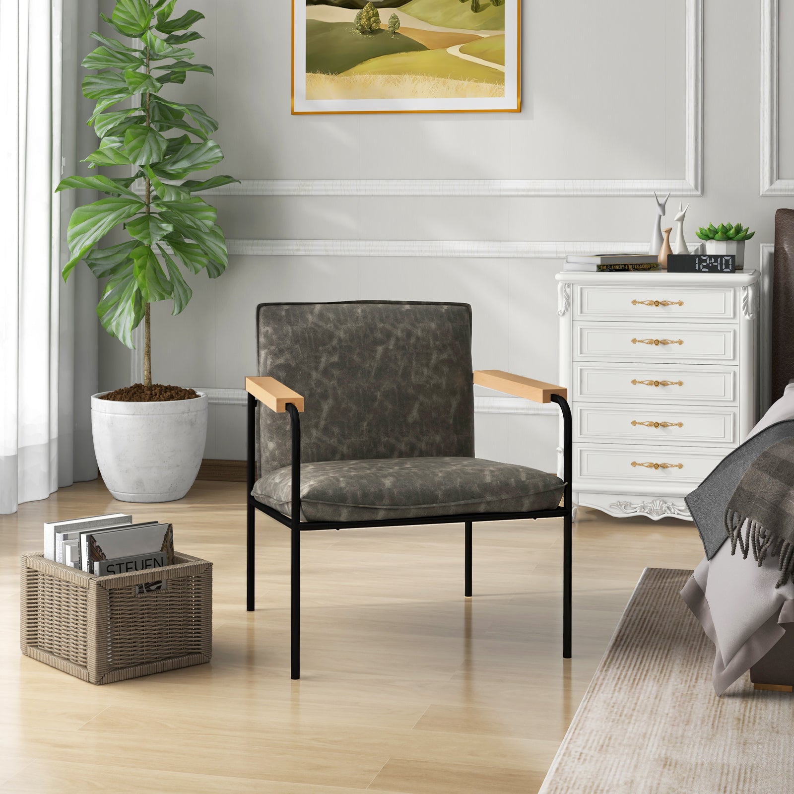 PU Leather Accent Chair with Armrests Backrest and Seat Cushion-Grey