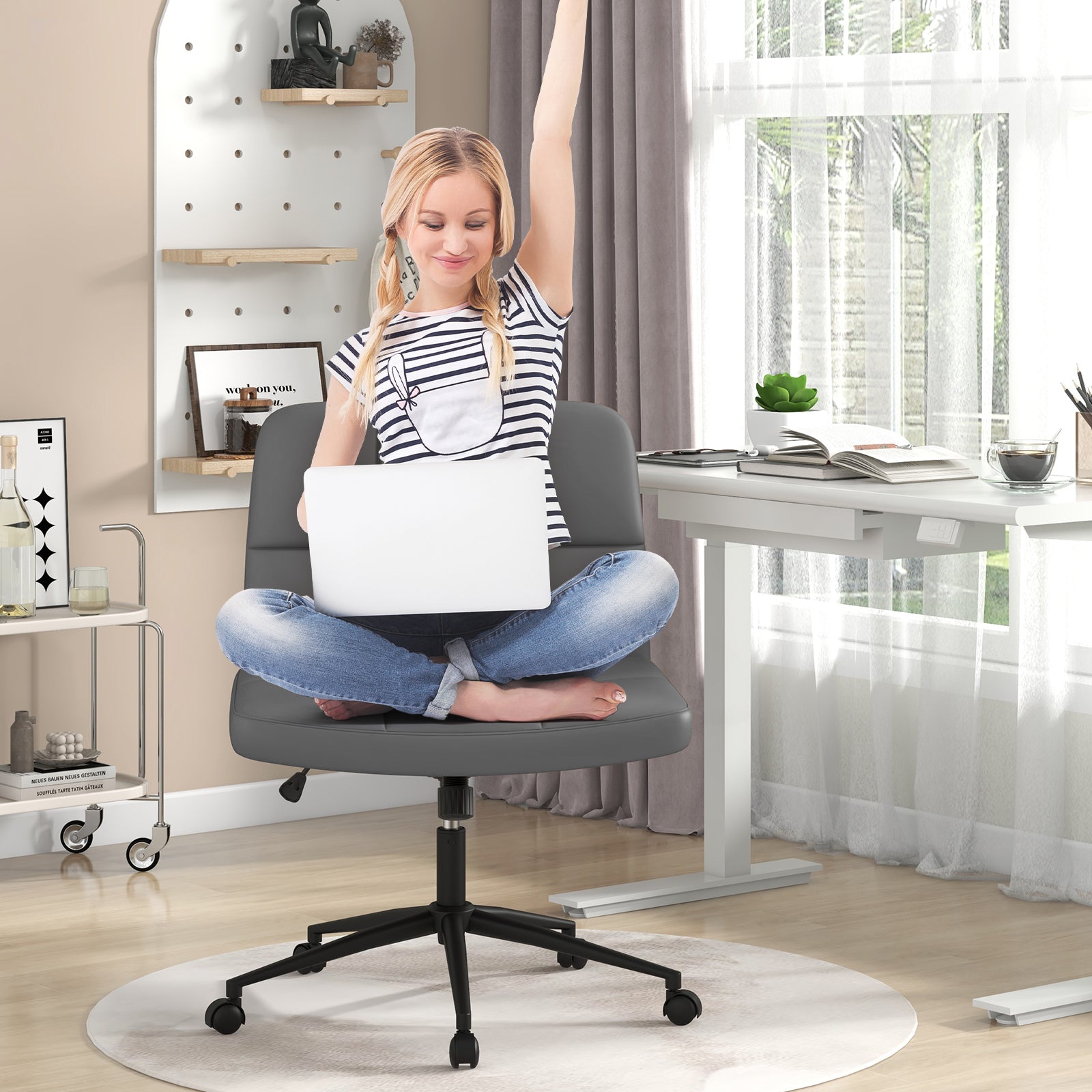 PU Leather Upholstered Cross-legged Office Chair with Wheels-Grey