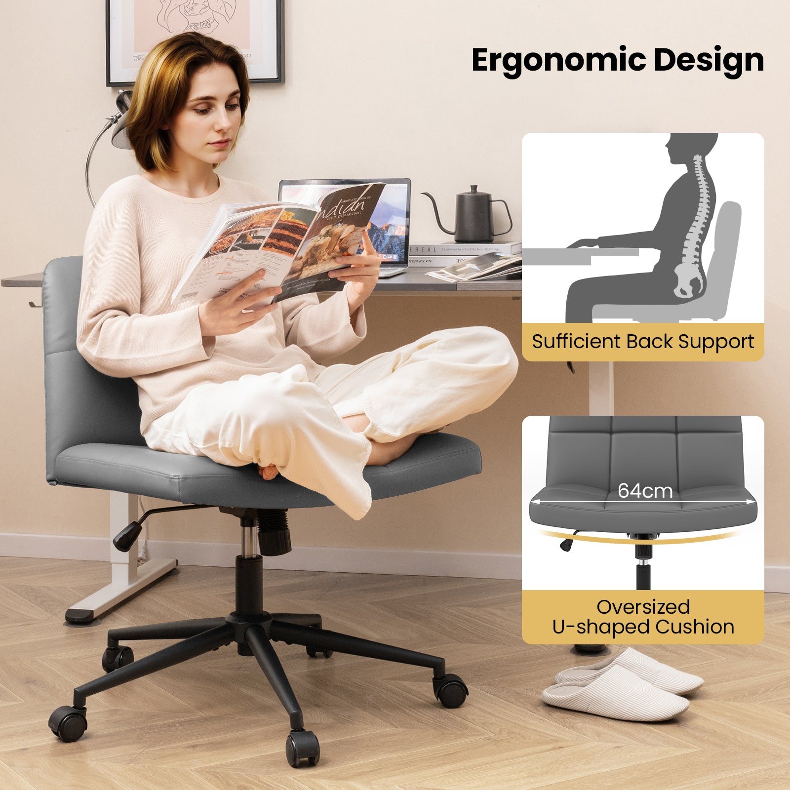 PU Leather Upholstered Cross-legged Office Chair with Wheels-Grey