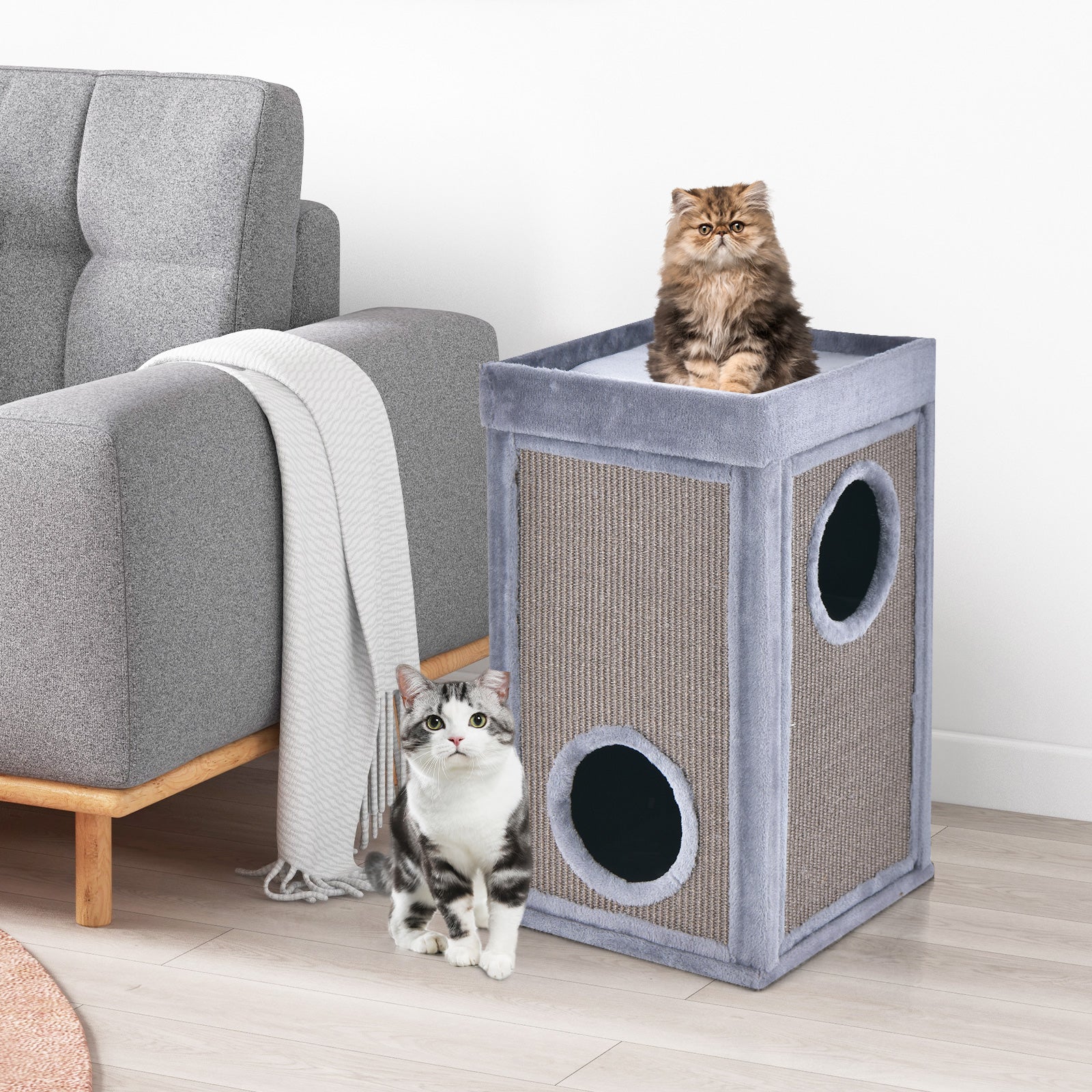 2-Tier Cat House with Sisal Scratch Boards-Grey