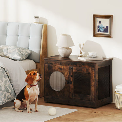 Dog Crate Furniture with Metal Mesh & Translucent Window for Small Medium Dogs-Rustic Brown