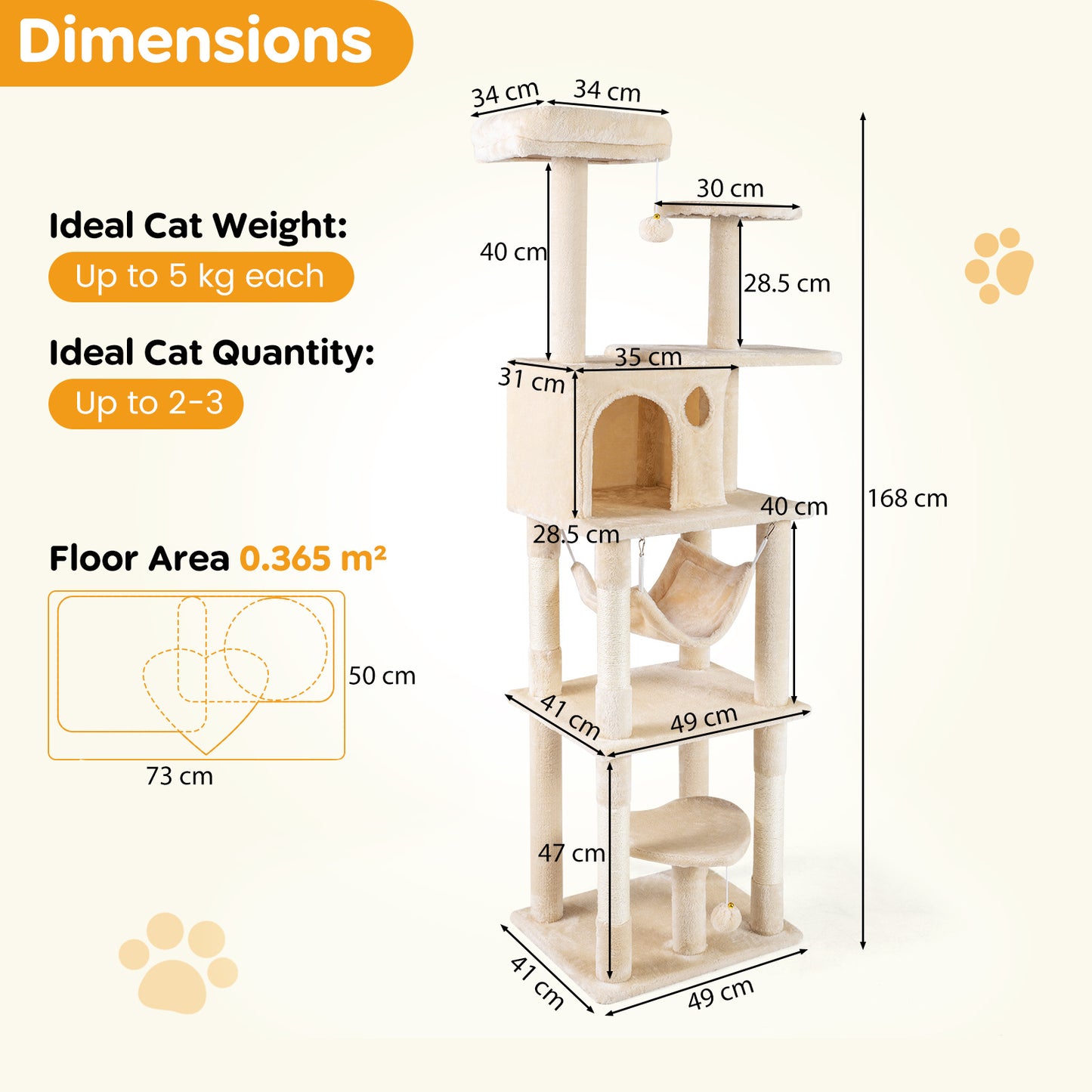 168 cm Tall Multi-Level Cat Tree with 2 Perches and Hammock-Beige