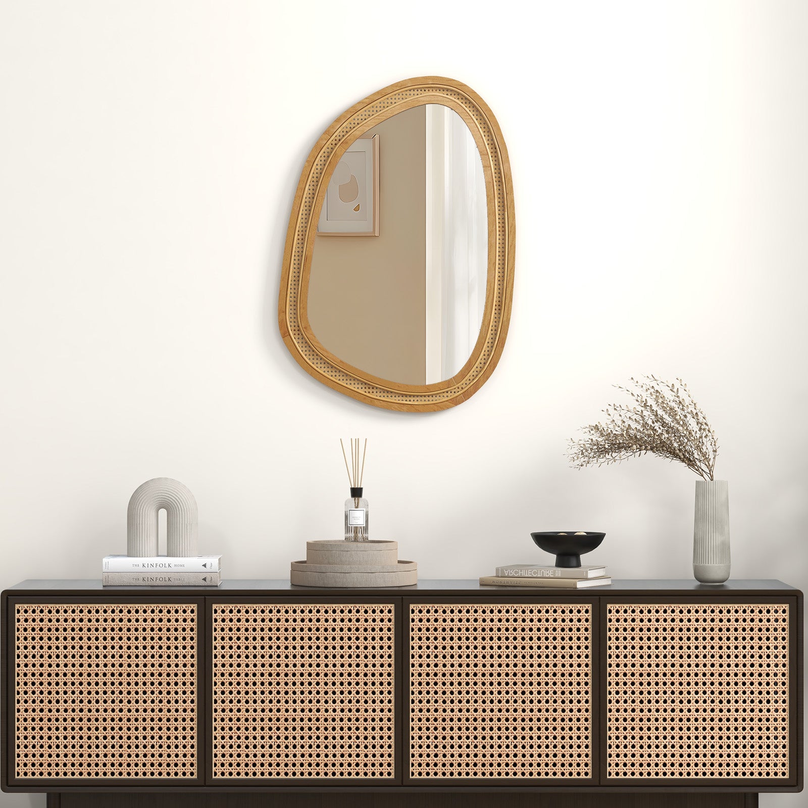 Irregular PVC Rattan Wall Mirror Boho Style Decorative Mirror-Natural