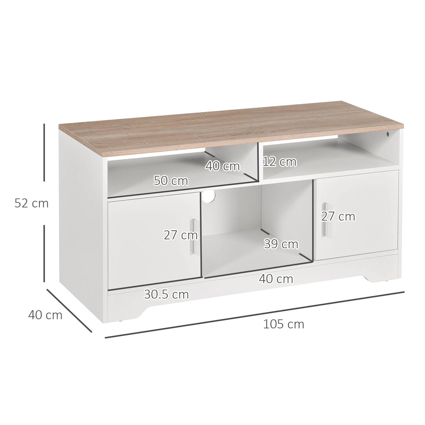 HOMCOM TV Stand Cabinet up to 50", Modern TV Unit with Storage, Open Shelves and Cable Management for Living Room, Bedroom, White