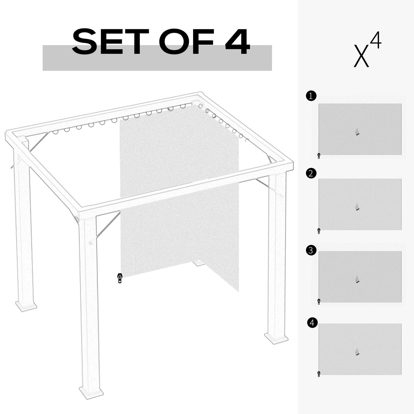 Outsunny 4 Pack Replacement Gazebo Curtains Privacy Panel for Most 3 x 4m Gazebo Canopy Pavillion Outdoor Shelter Sidewalls Accessories Light Grey