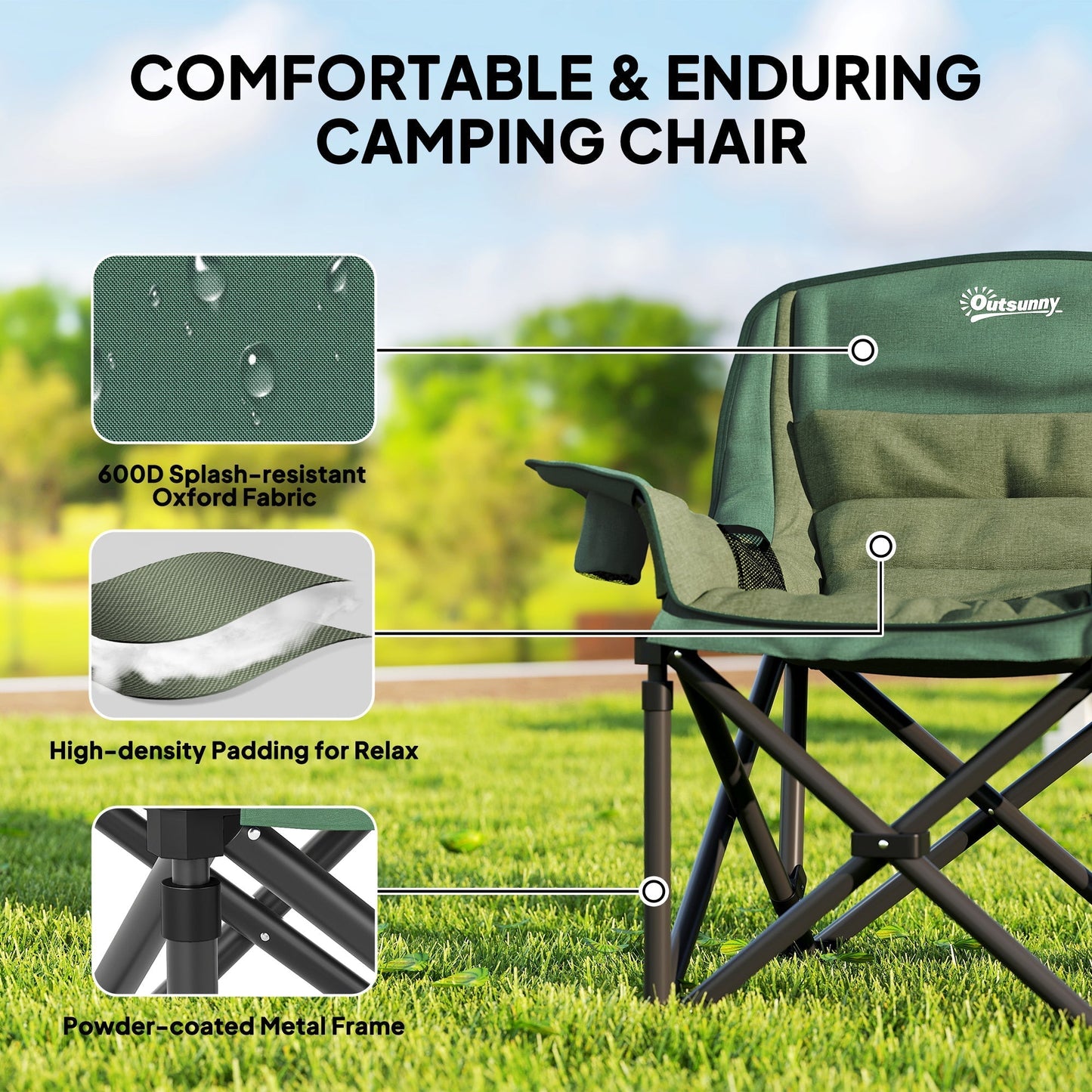 Outsunny Portable Padded Camping Chair, with Bag - Olive Green