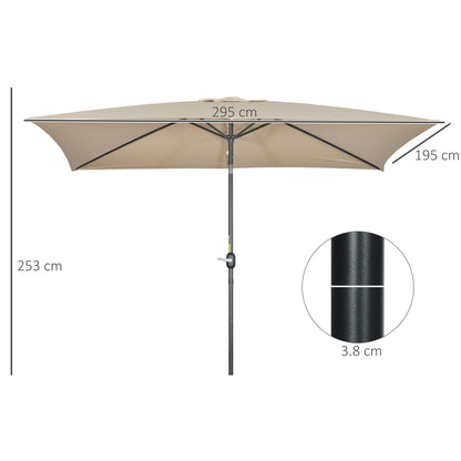 Outsunny 3x2m Garden Parasol Umbrella with Aluminium Pole, Tilt and Crank, Rectangular Outdoor Table Parasol Sun Shade for Patio, Khaki