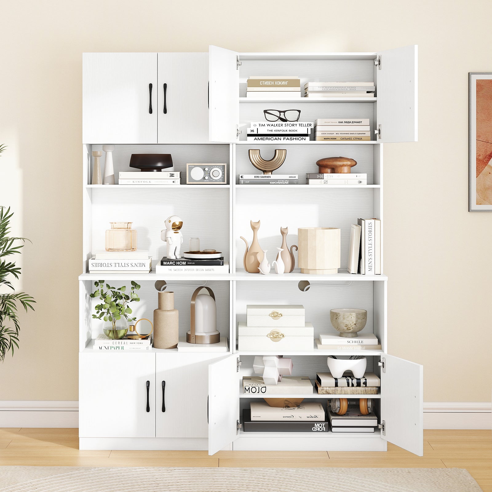 Pantry Cabinet with Power Outlets Freestanding Narrow Kitchen Hutch with 4 Doors-White