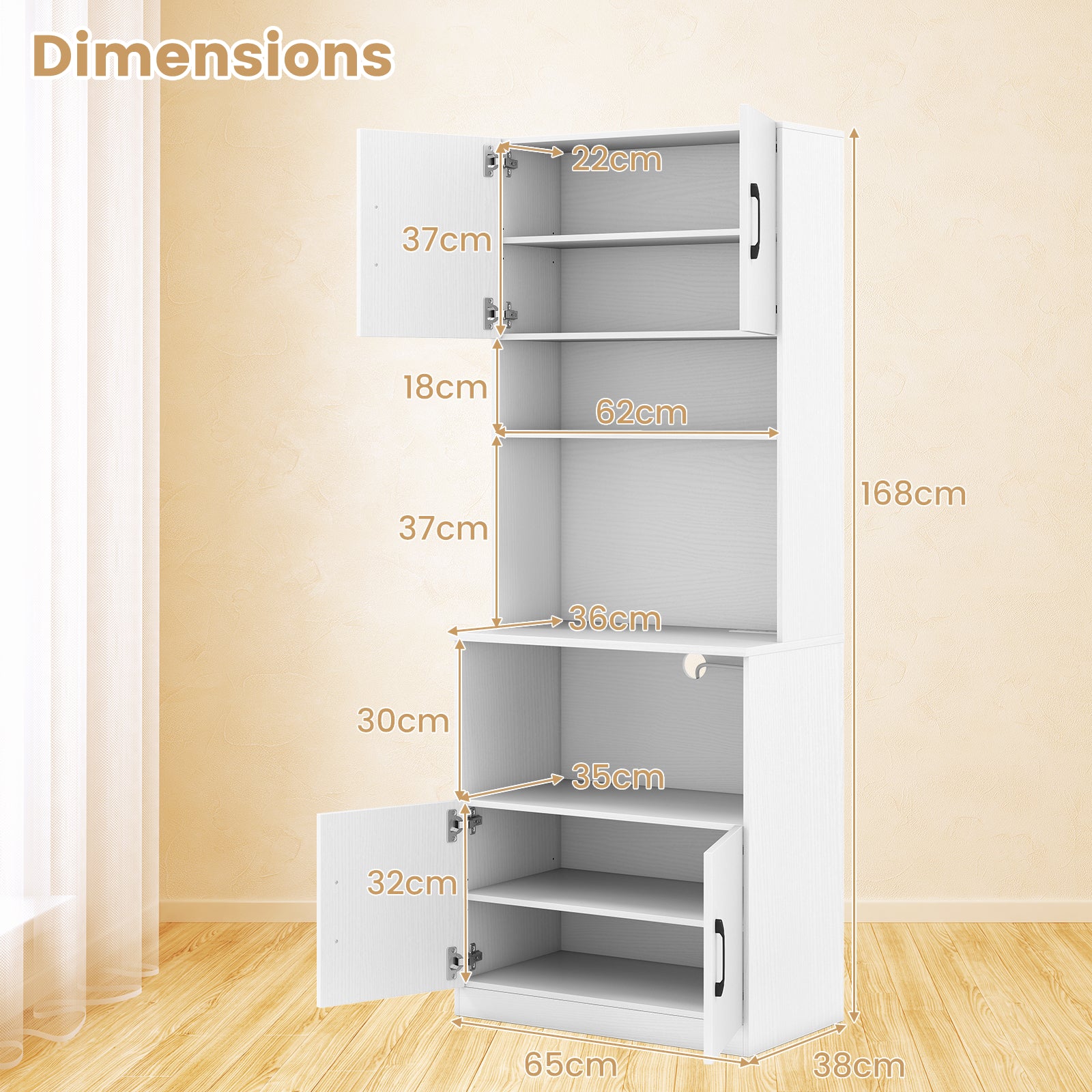 Pantry Cabinet with Power Outlets Freestanding Narrow Kitchen Hutch with 4 Doors-White