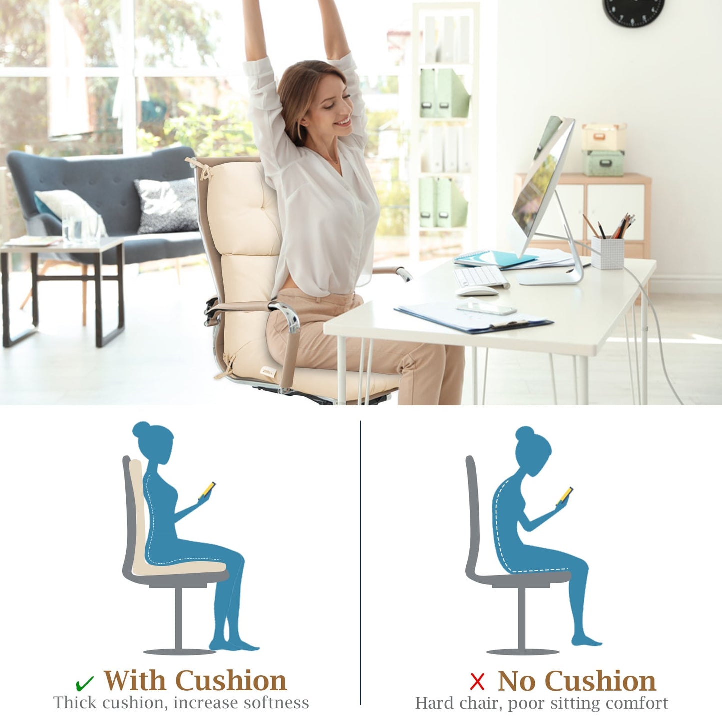 Patio Chair Seat Pads with Non-slip Rope Belts and Sun Protection for Indoor Outdoor Use-Beige