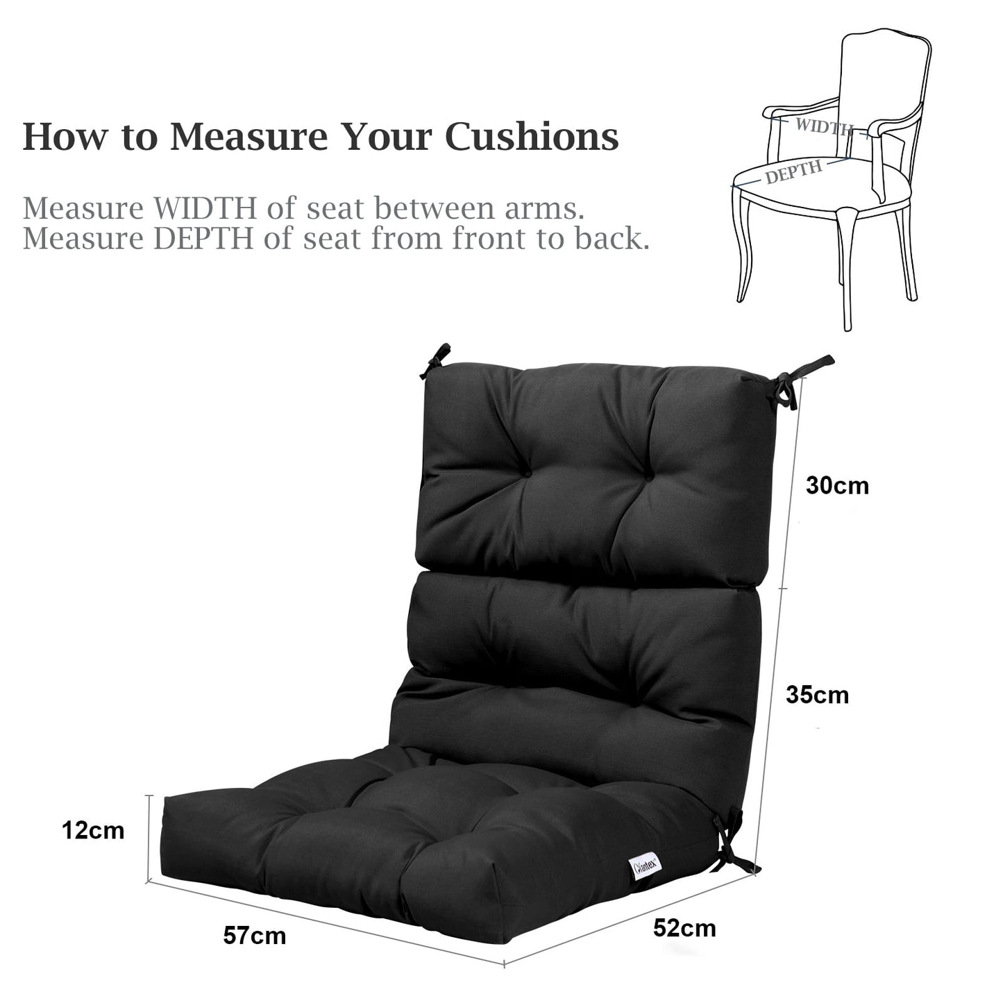 Patio Chair Seat Pads with Non-slip Rope Belts and Sun Protection for Indoor Outdoor Use-Black