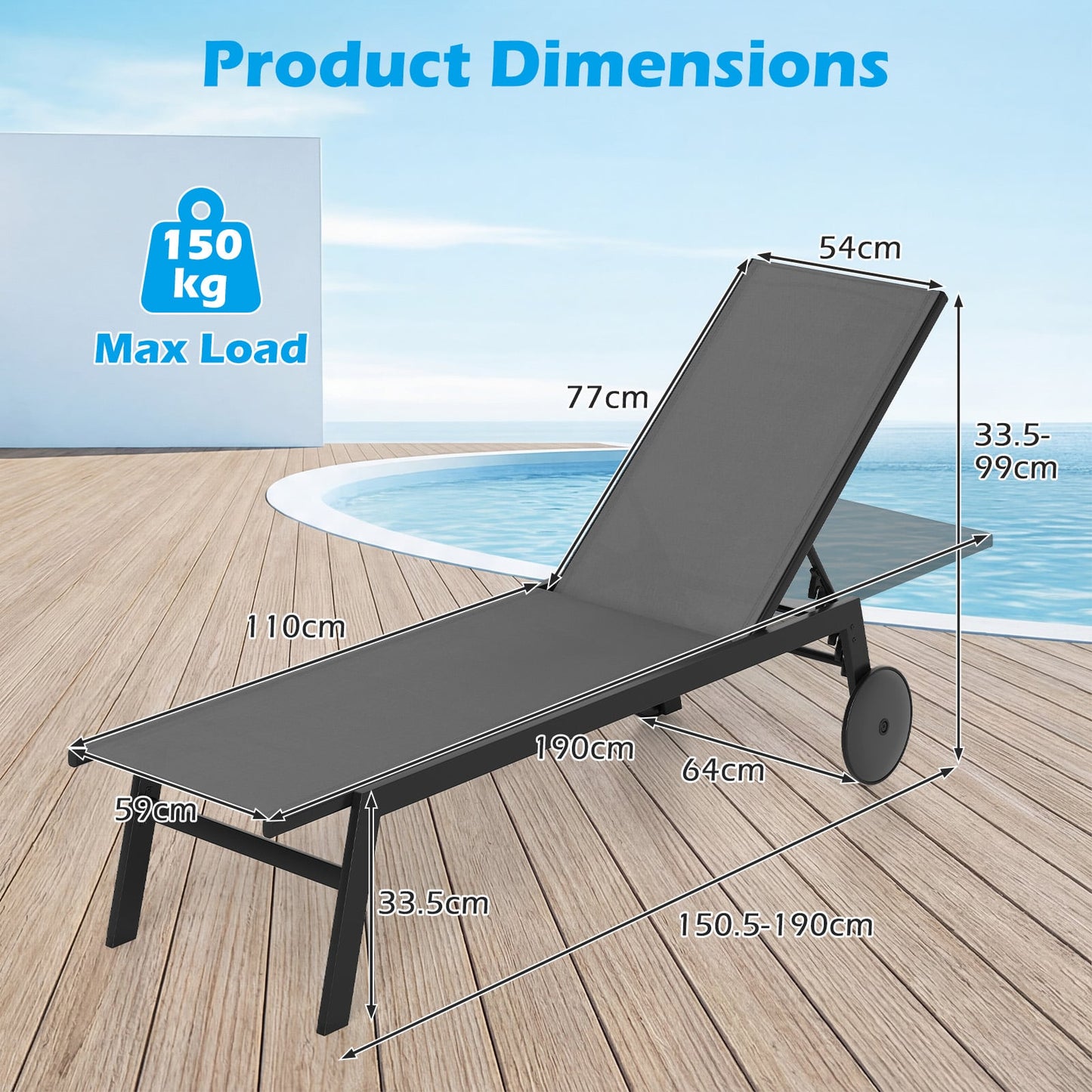 Patio Chaise Lounge Chair with Wheels Outdoor Recliner with 6-Level Adjustable Backrest-Gray