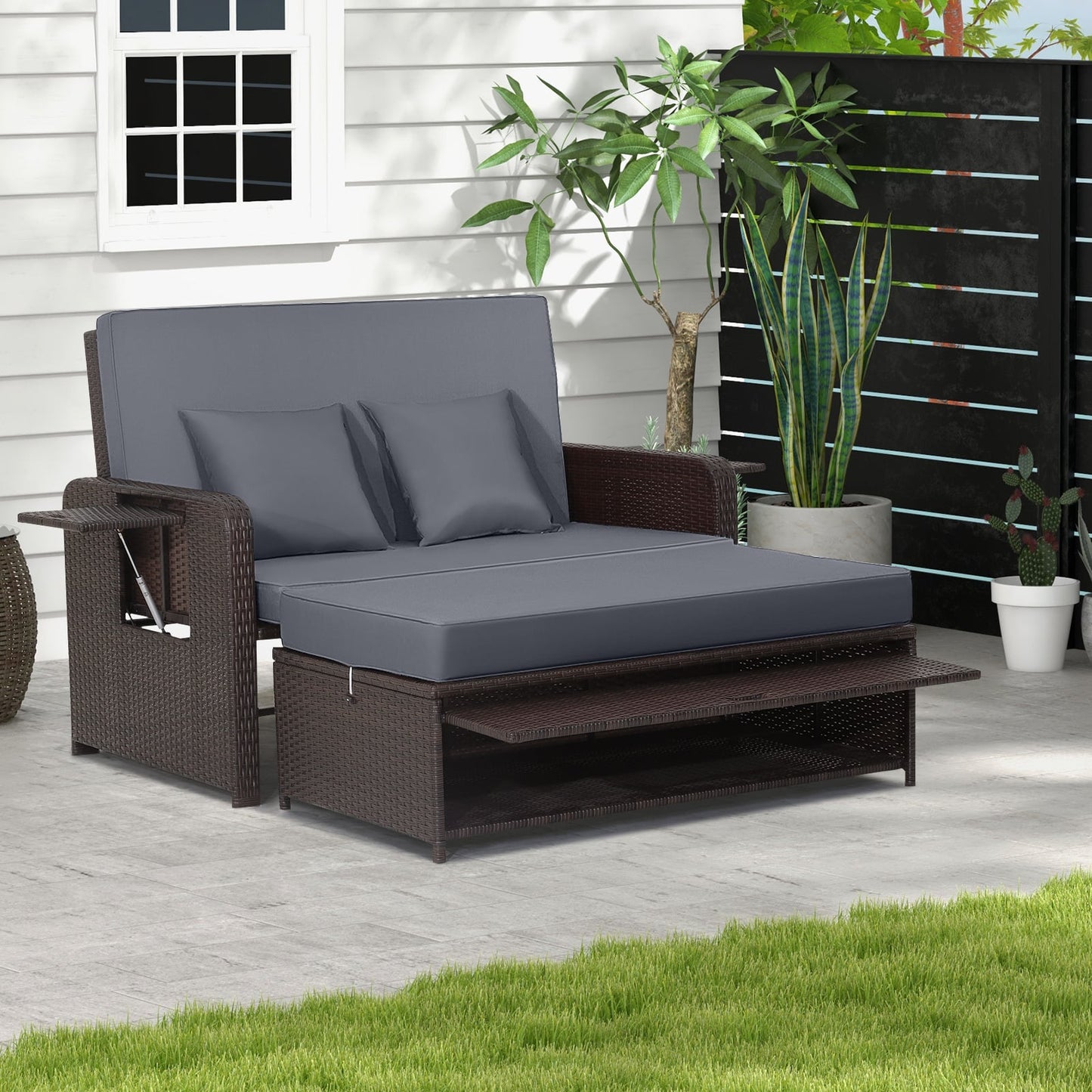 Patio Rattan Daybed Set with Ottoman and Adjustable Backrest-Grey