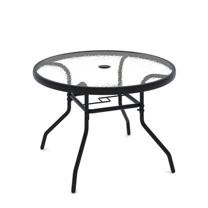 Patio Side Table Outdoor Round Bistro Table with Tempered Glass Top and Umbrella Hole