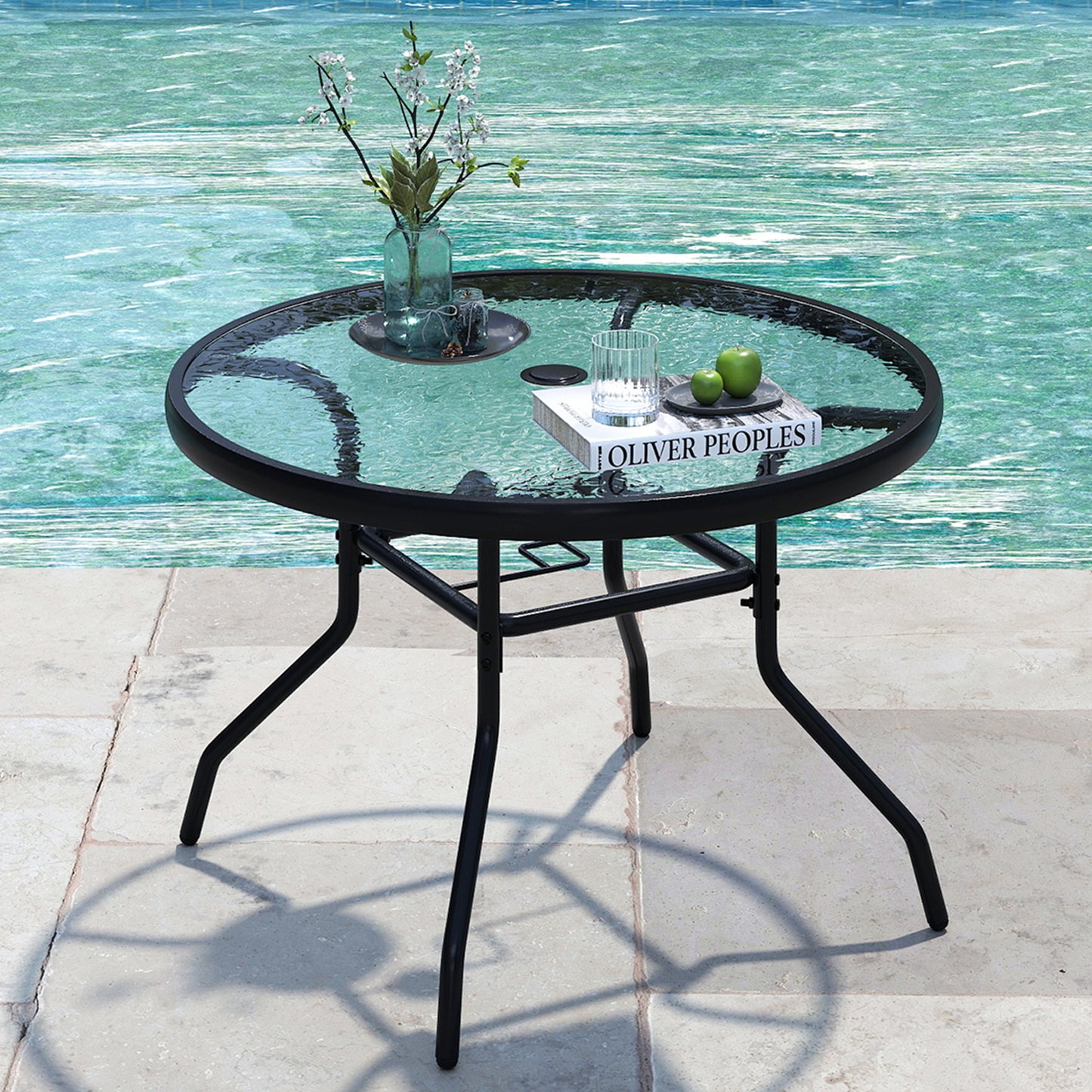 Patio Side Table Outdoor Round Bistro Table with Tempered Glass Top and Umbrella Hole
