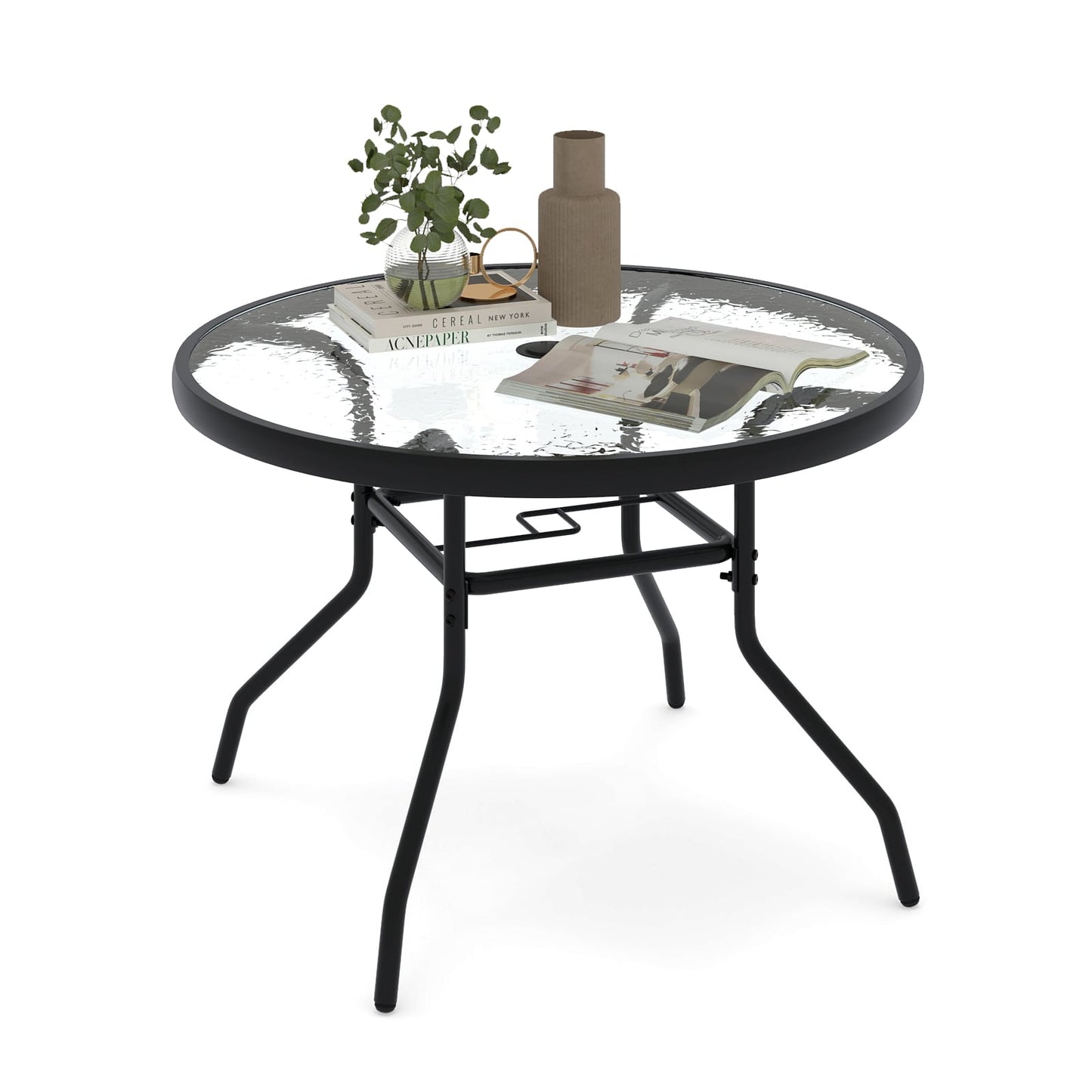 Patio Side Table Outdoor Round Bistro Table with Tempered Glass Top and Umbrella Hole
