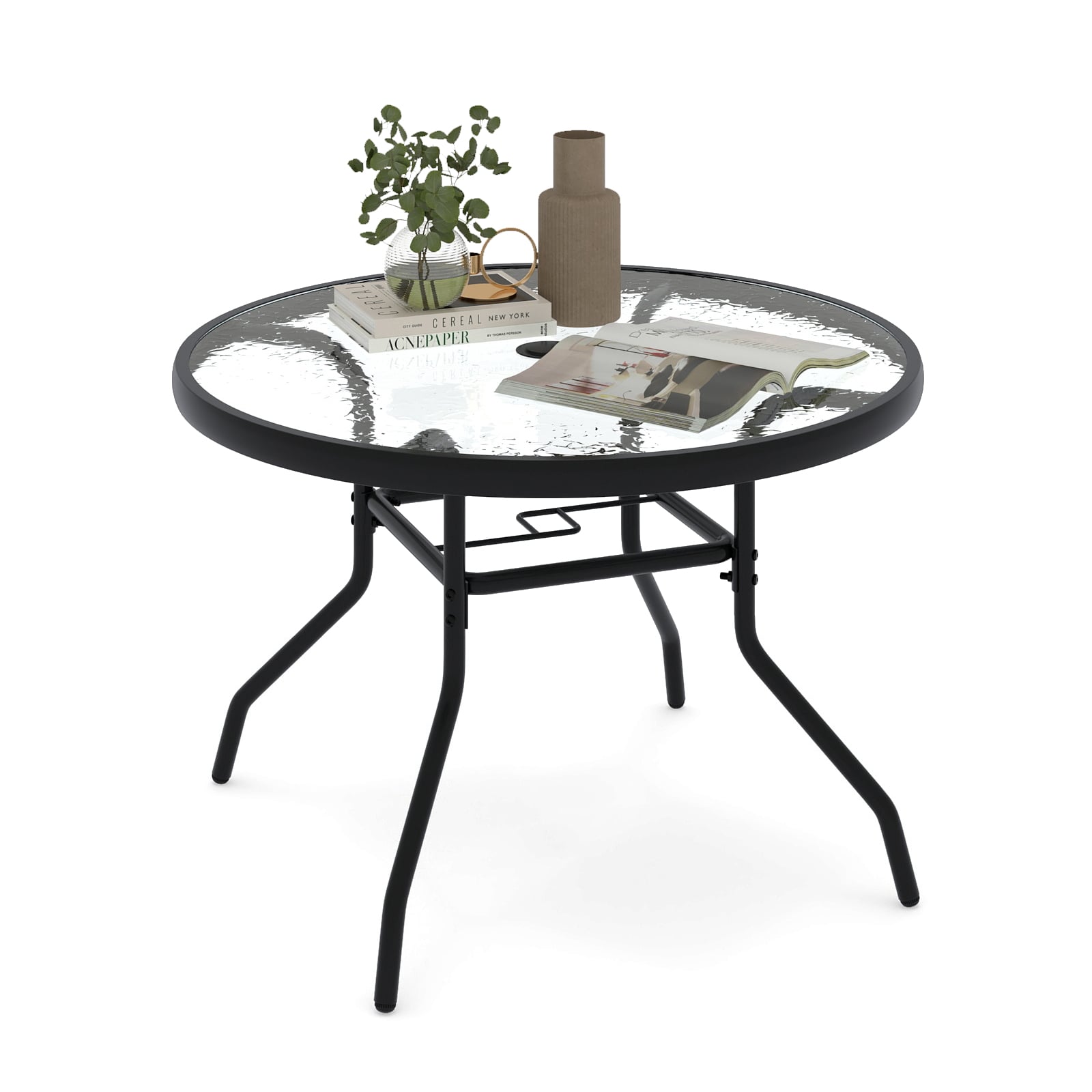 Patio Side Table Outdoor Round Bistro Table with Tempered Glass Top and Umbrella Hole