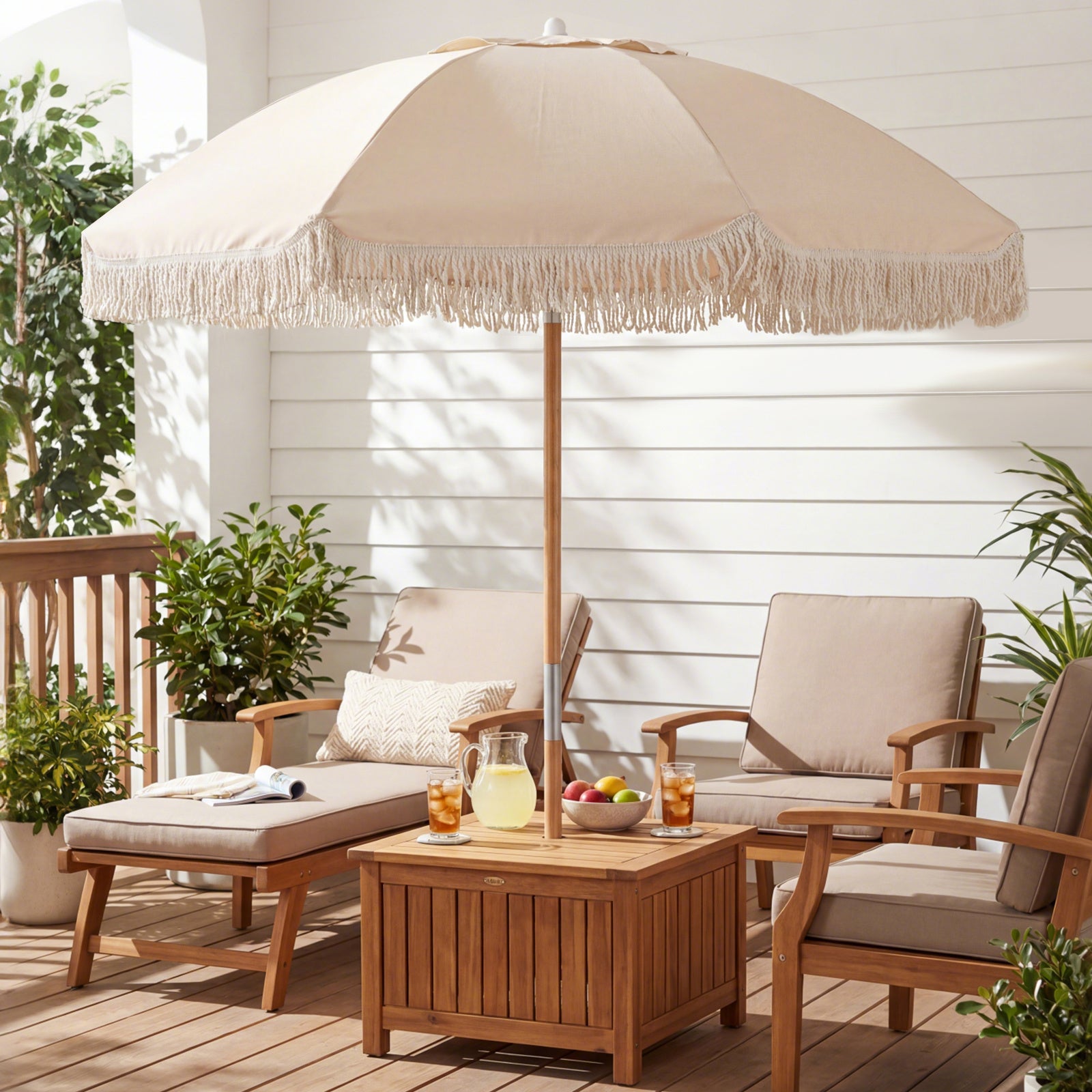 Patio Umbrella with Fringe Tassel Market Table Umbrella with Push Button Tilt-White