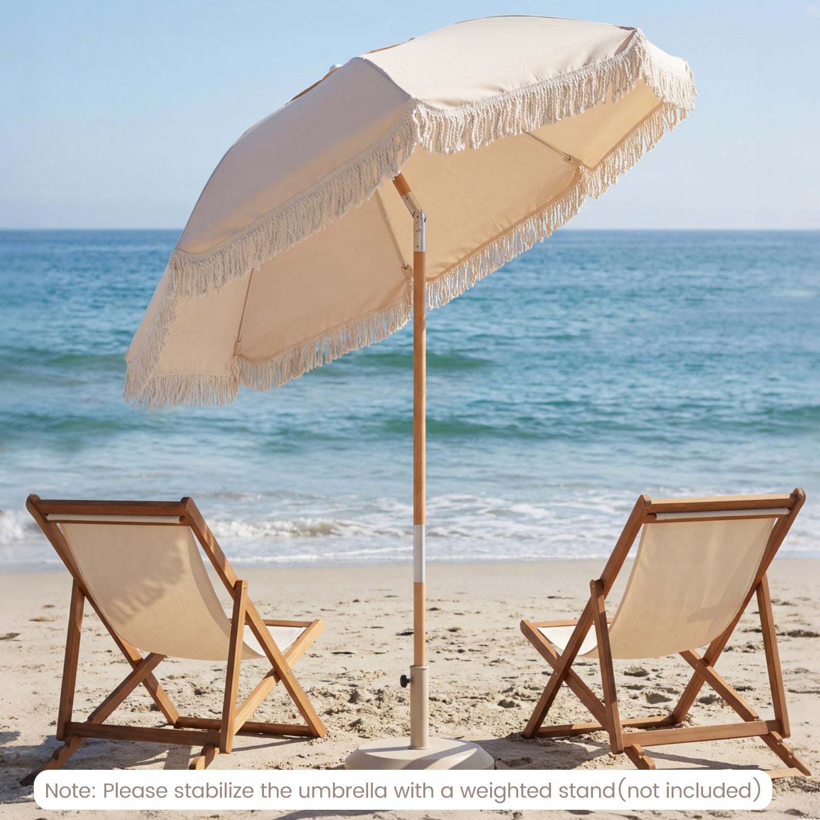 Patio Umbrella with Fringe Tassel Market Table Umbrella with Push Button Tilt-White