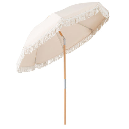 Patio Umbrella with Fringe Tassel Market Table Umbrella with Push Button Tilt-White
