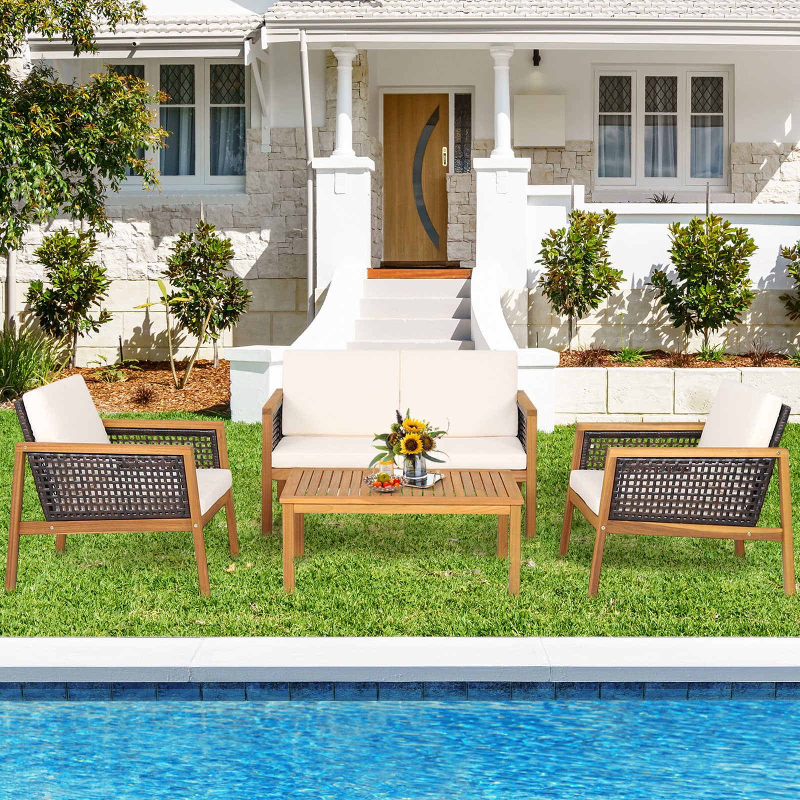 4-Piece Patio Acacia Wood Furniture Set with Removable Cushions-White