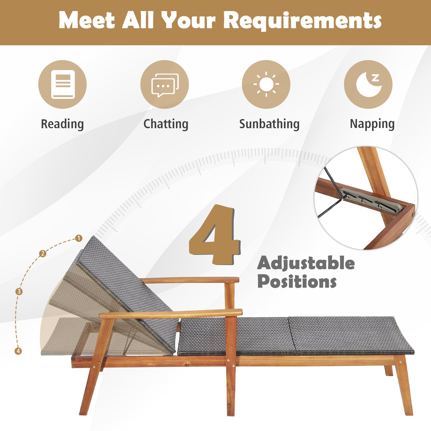 Patio Chaise Lounge Chair Rattan Recliner with 4-Level Adjustable Backrest