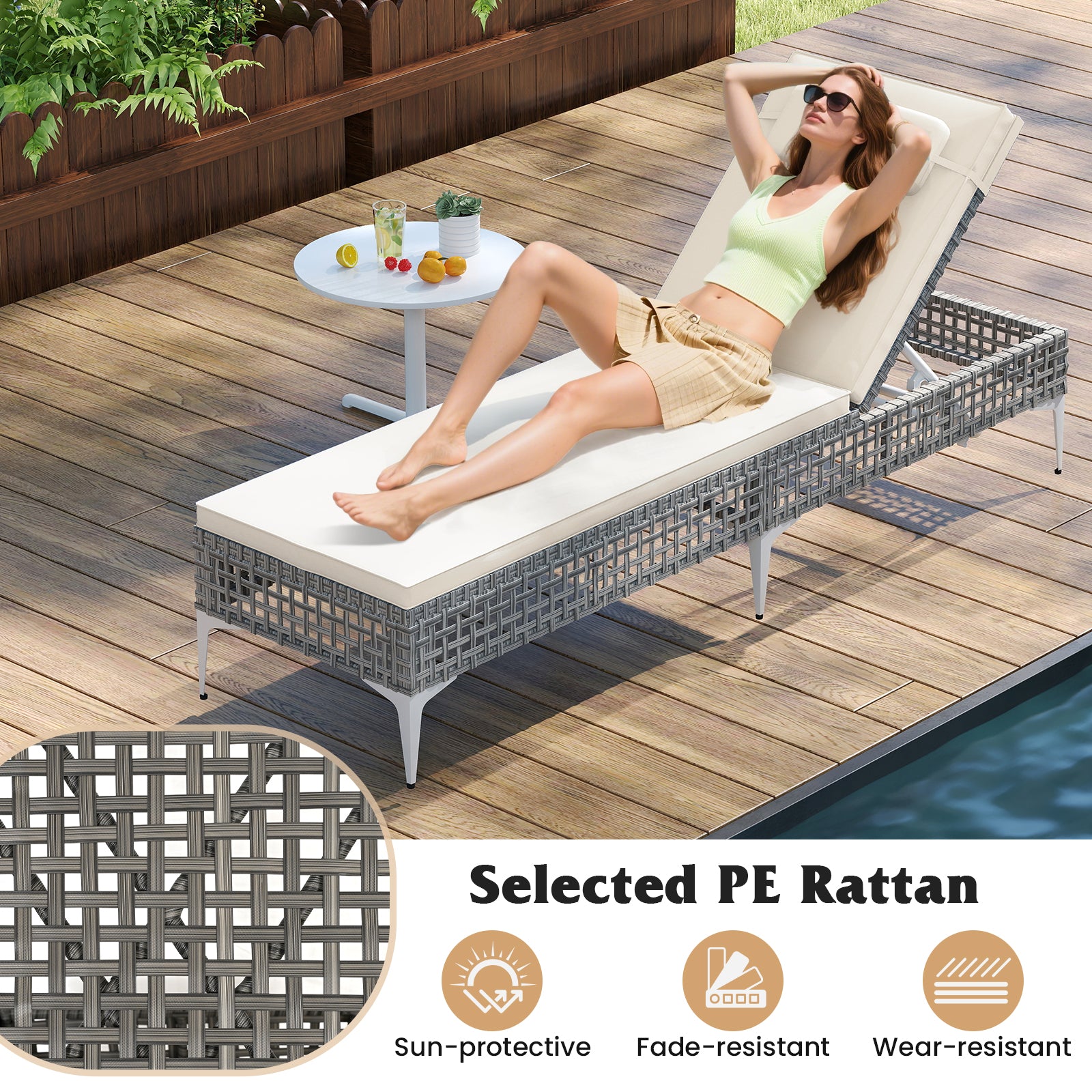Patio Chaise Lounge PE Wicker Reclining Sun Lounger with 6-Level Adjustable Backrest-White-1 Piece