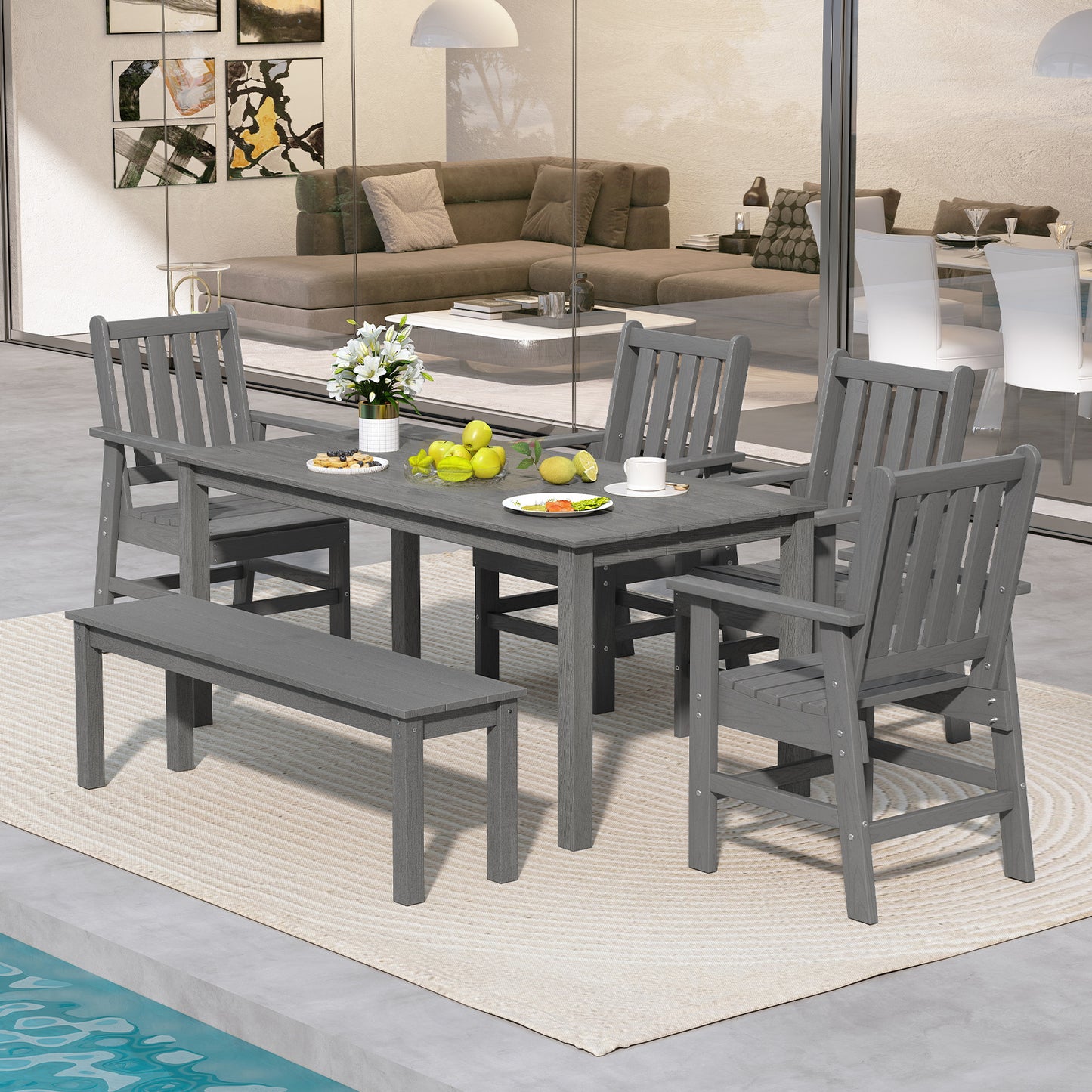 Patio Dining Chair HDPE All Weather Adirondack Armchair with Curved Seat-Grey