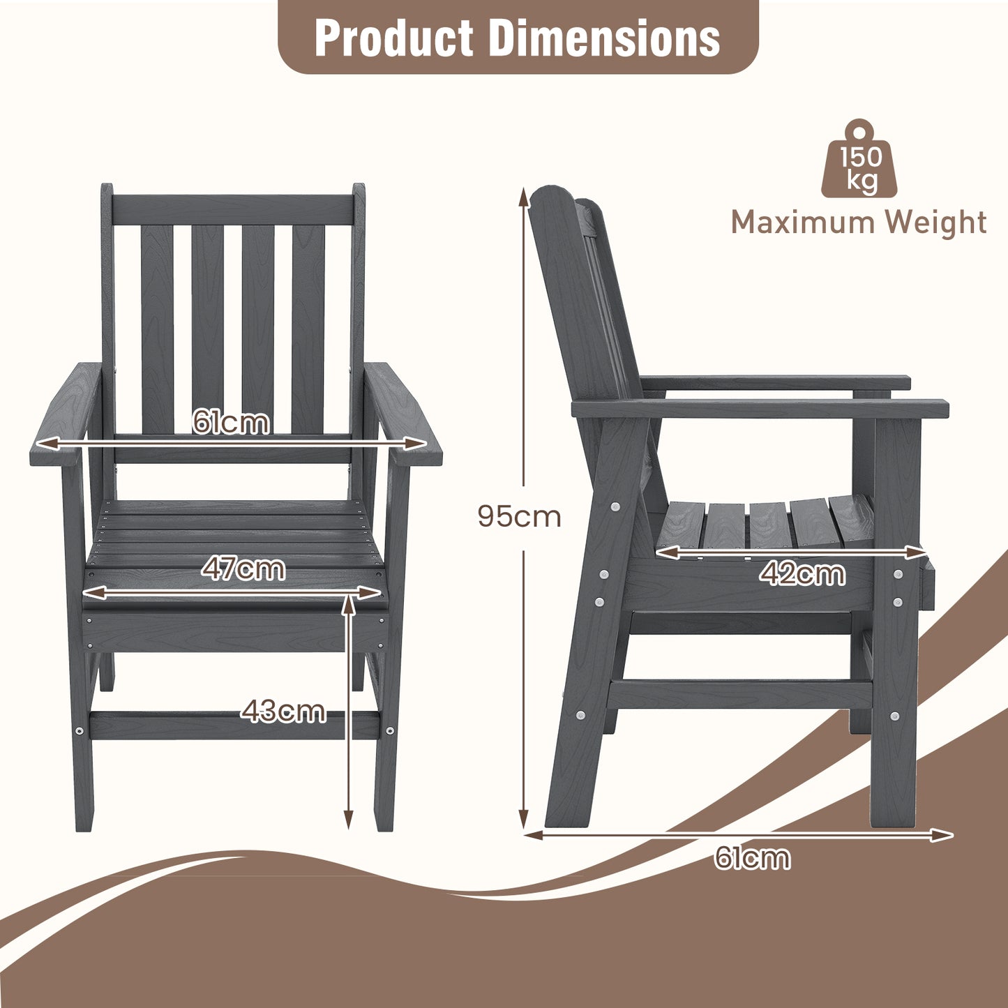 Patio Dining Chair HDPE All Weather Adirondack Armchair with Curved Seat-Grey