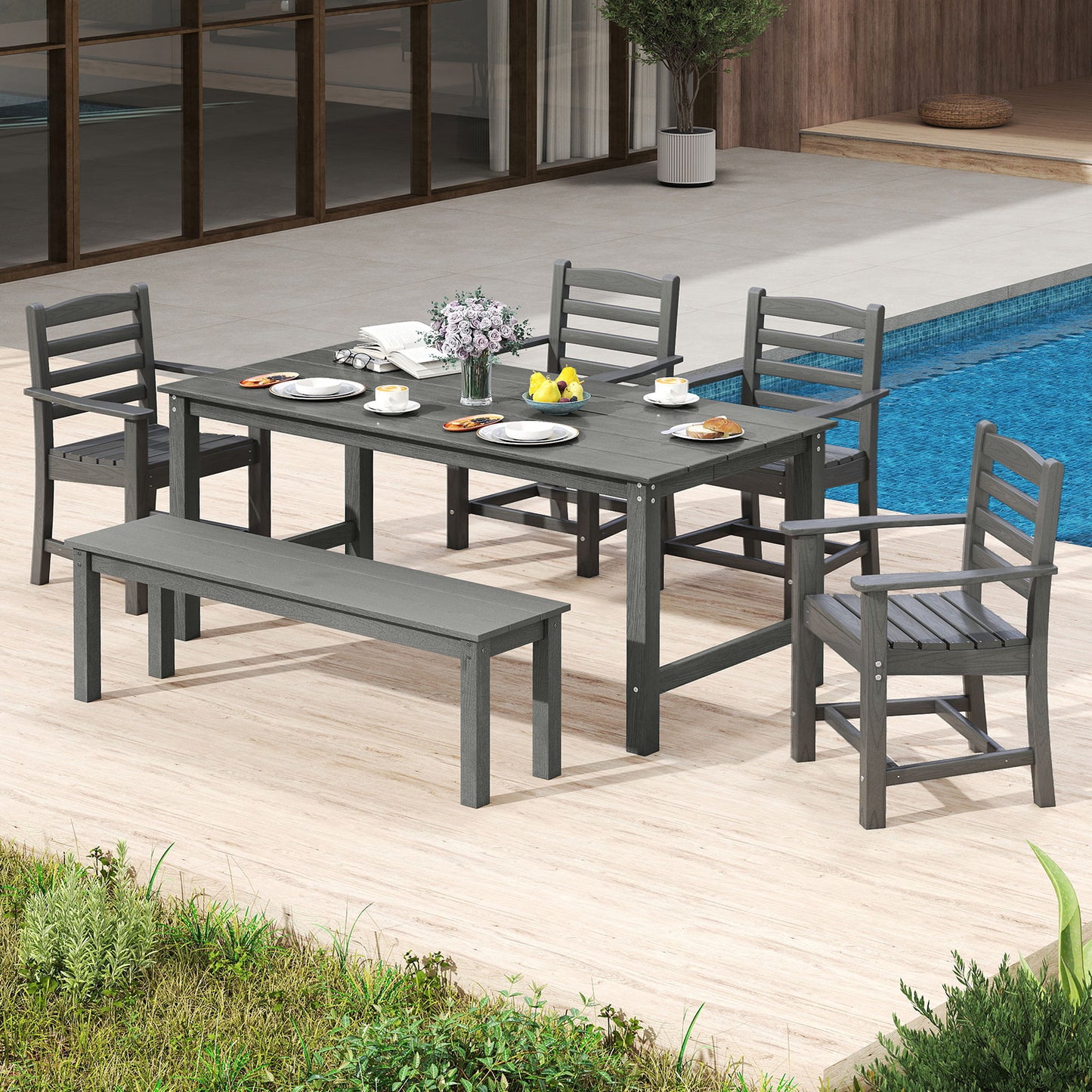 Patio Dining HDPE All Weather Outdoor Chair Plastic Adirondack Armchair-Grey
