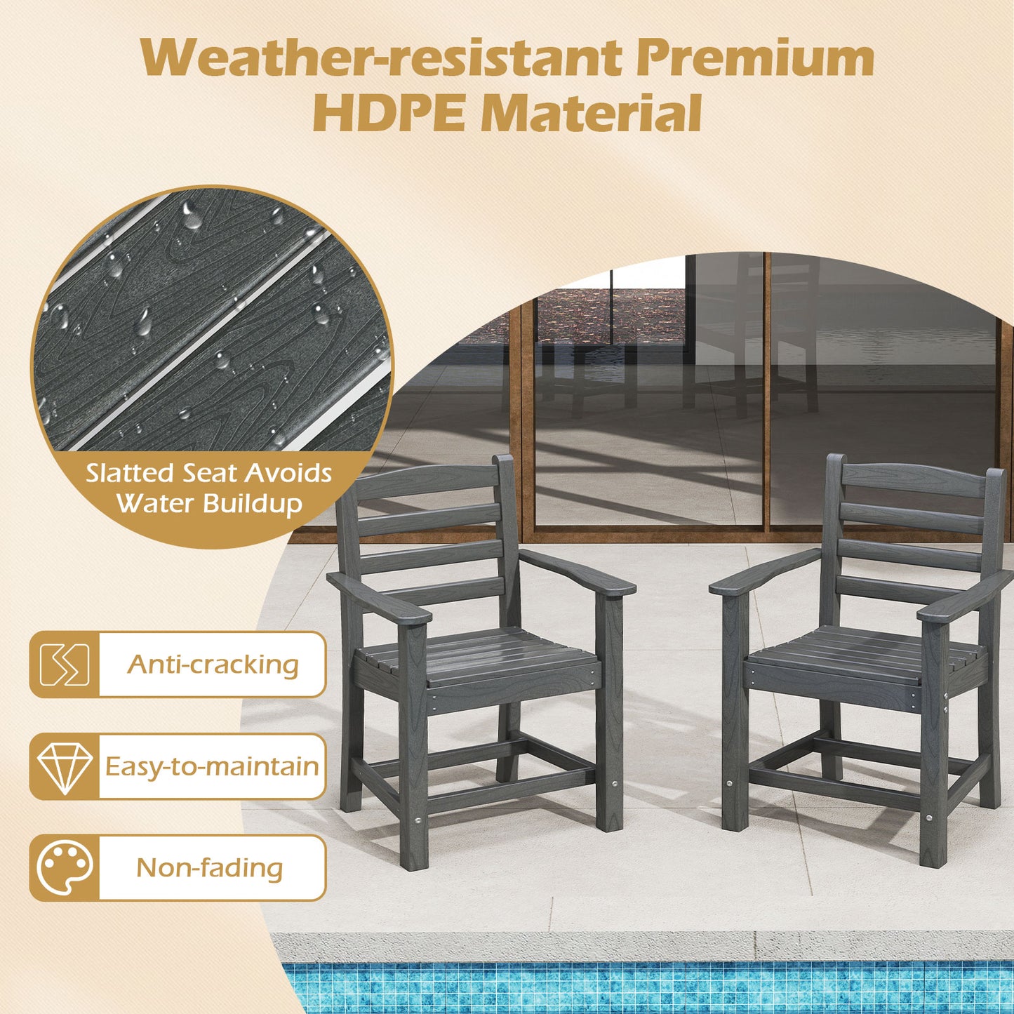 Patio Dining HDPE All Weather Outdoor Chair Plastic Adirondack Armchair-Grey