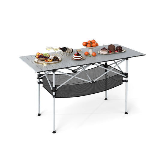 Patio Folding Camping Table Picnic Table with Aluminum Roll-up Tabletop-Silver